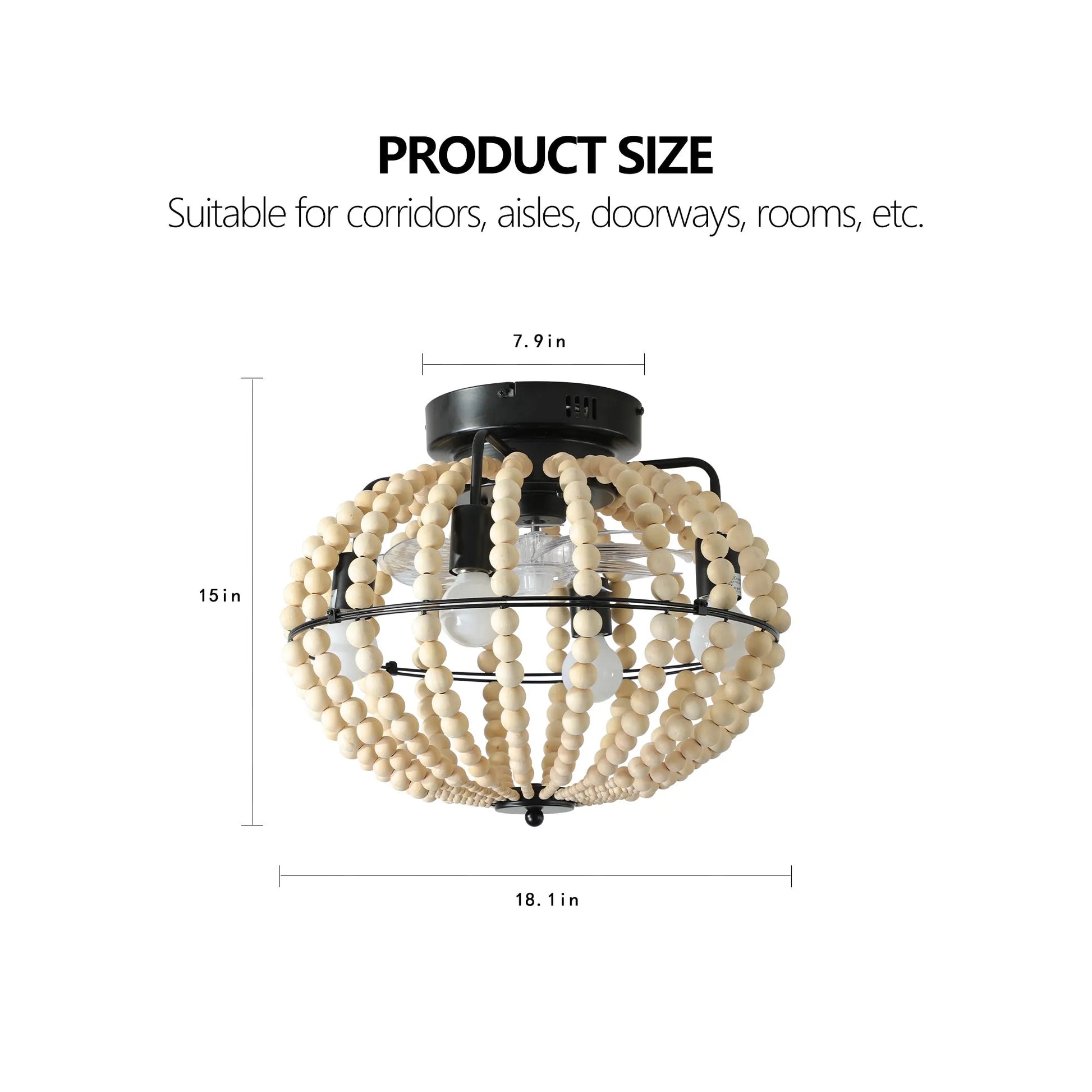 18' Bohemian Wood Beaded Ceiling Fan with Light, Flush Mount Caged Ceiling Fan, Rustic Farmhouse Low Profile Fan Light Fixture for Indoor Home Decor – view 15