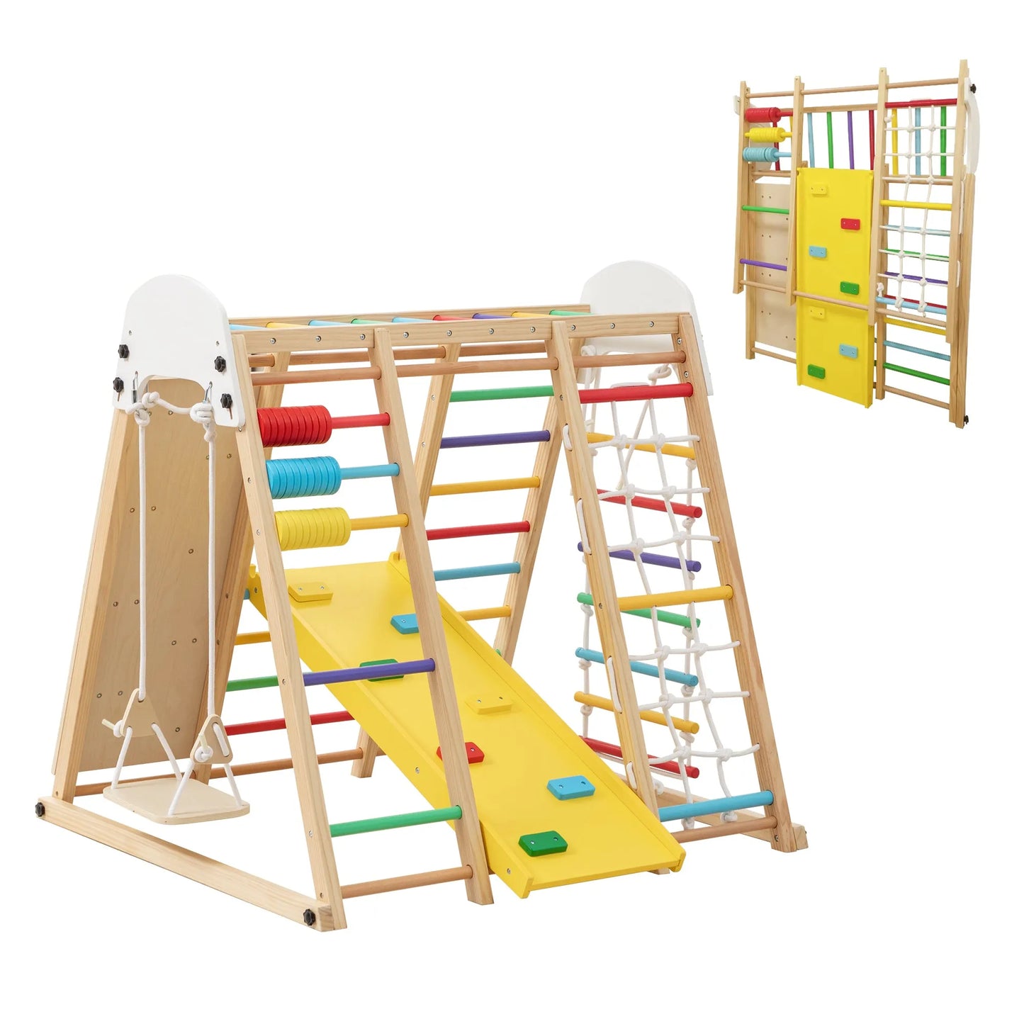 9-in-1 Foldable Kids Climbing Frame & Slide, Wooden Toddler Playground with Swing, Monkey Bars, Climbing Rock, Abacus Game – Indoor Outdoor Playset – view 15