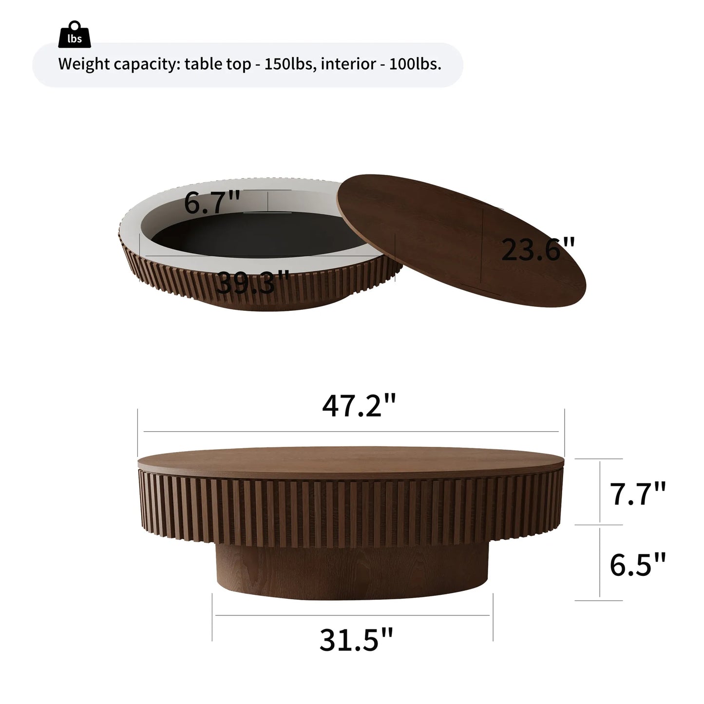 47'' Oval Coffee Table with Storage Solid Wood Veneered Modern Coffee Table Accent Tea Table for Living Room, Bedroom, Apartment or Office, Walnut – view 15