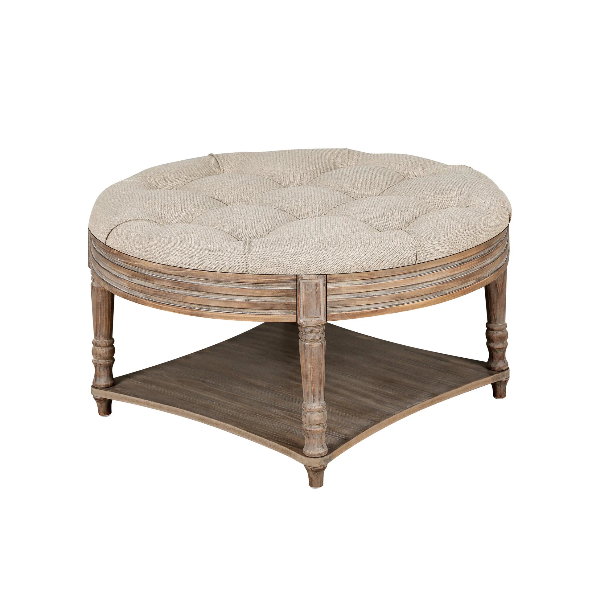 Large Round Waterproof Ottoman Coffee Table 2 Tier Oversized Button Tufted Ottoman with Wooden Shelf Storage Farmhouse Upholstered Coffee Table – view 15