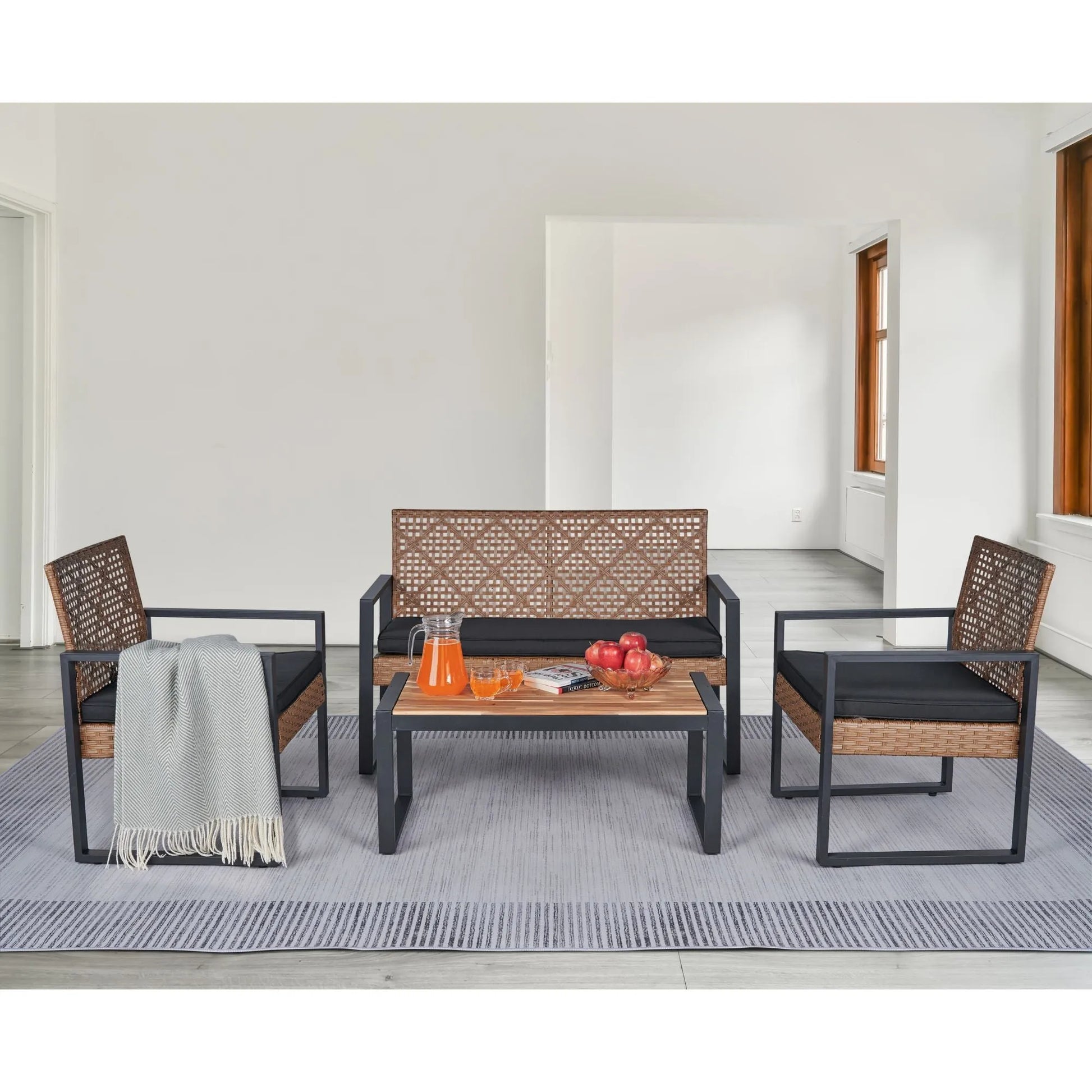 Modern Outdoor 4-Piece Patio Furniture Set with Acacia Wood Table Top, Black and Light Brown – view 15