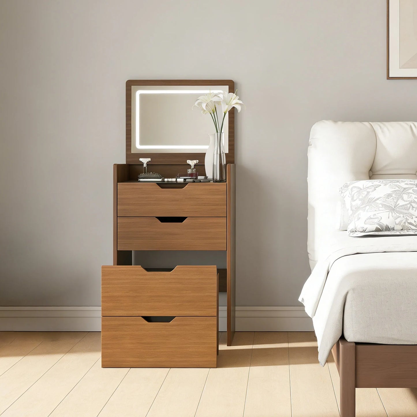3-in-1 Vanity Desk with Lighted Mirror & Stool, Flip Top Makeup Dressing Table in Walnut Finish, Compact Storage for Bedroom, Bathroom, or Dressing – view 15