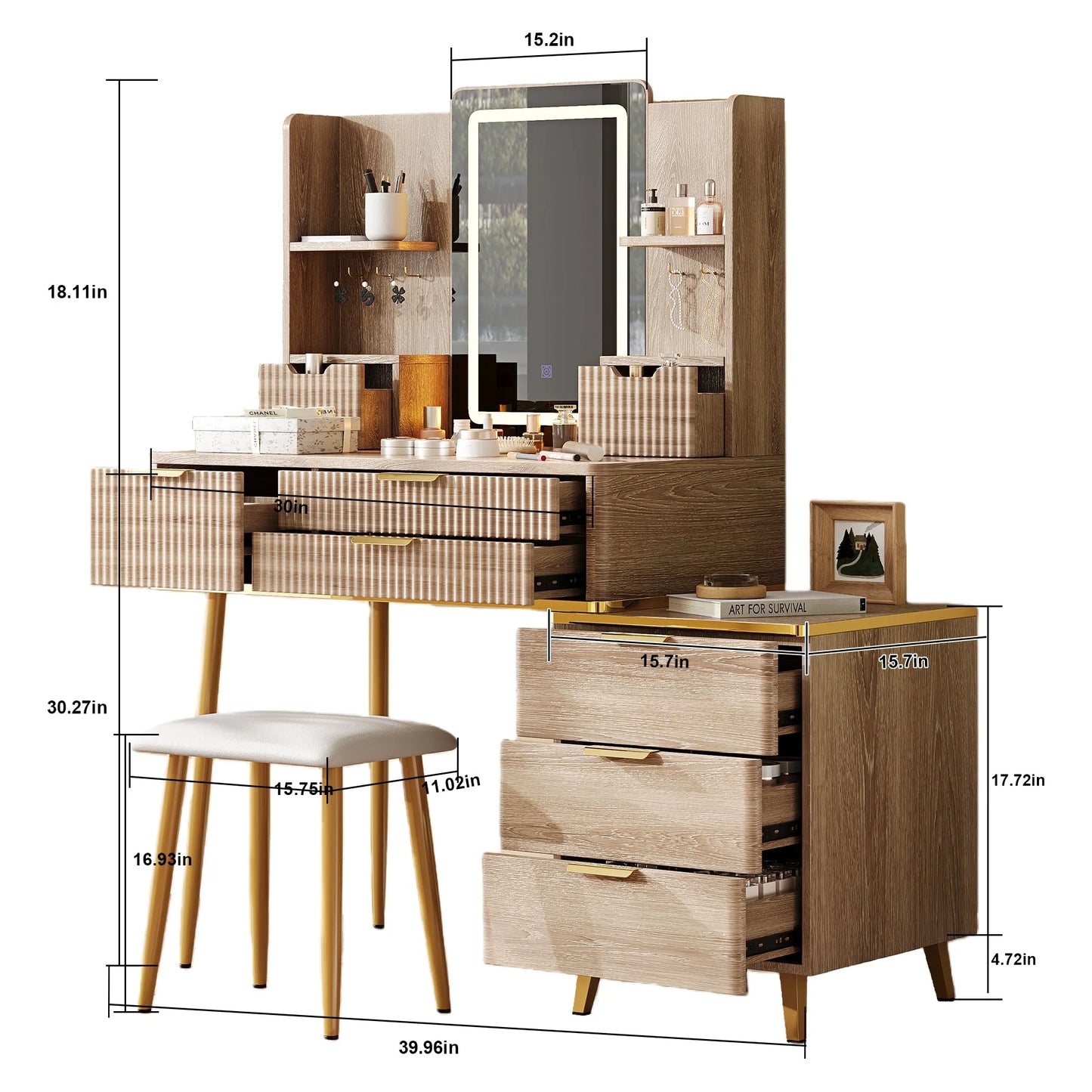 7-Drawer Vanity Desk with LED Mirror & Carved Details, Fluted Makeup Table with Metal Legs and PU Stool, Carved Dressing Table with Jewelry Storage – view 15
