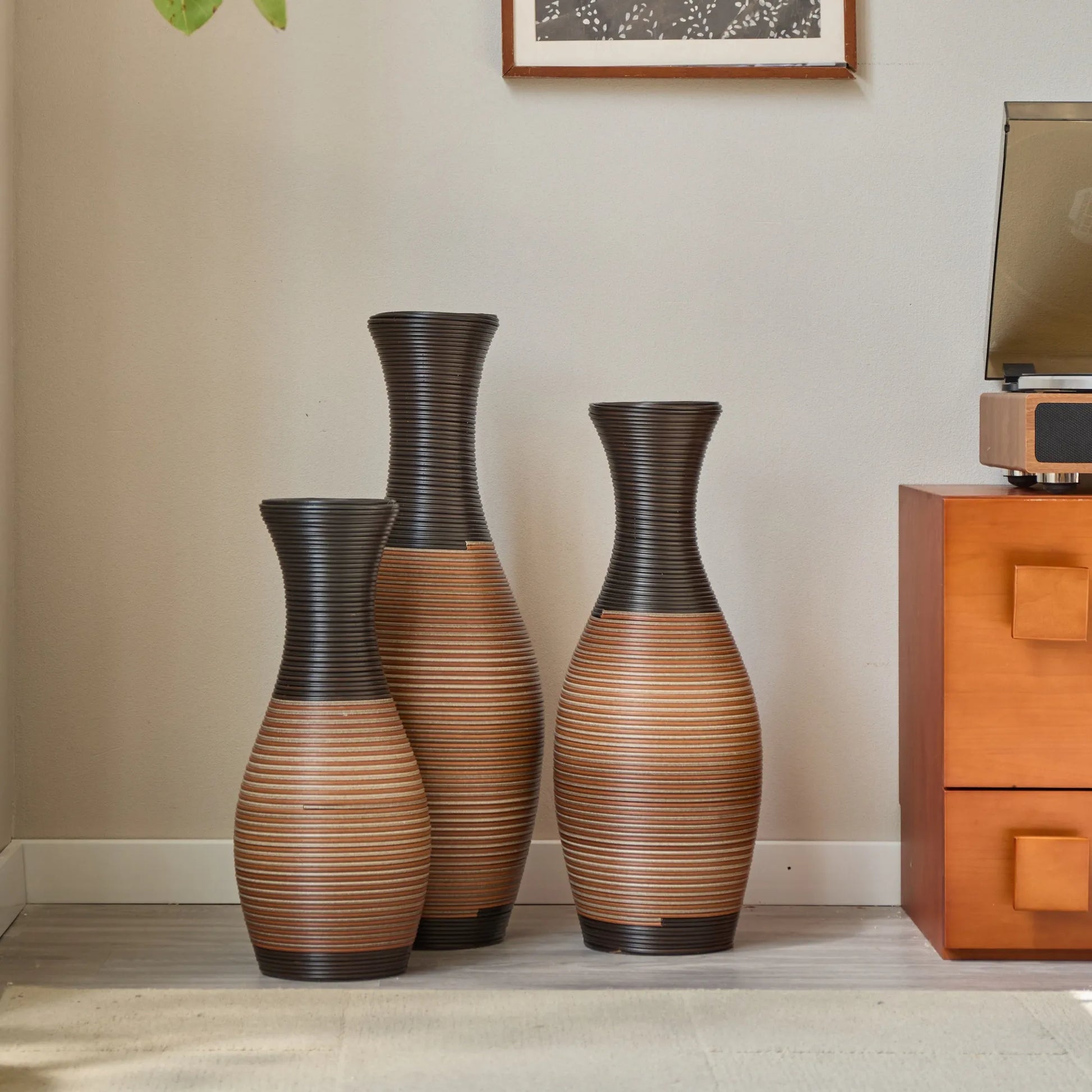 Set Of 3 Designer Floor Vases, Large Vases for Home Décor Flooring, Artificial Rattan Floor Vases, Brown Floor Vases for Living Rooms or Corridors – view 15