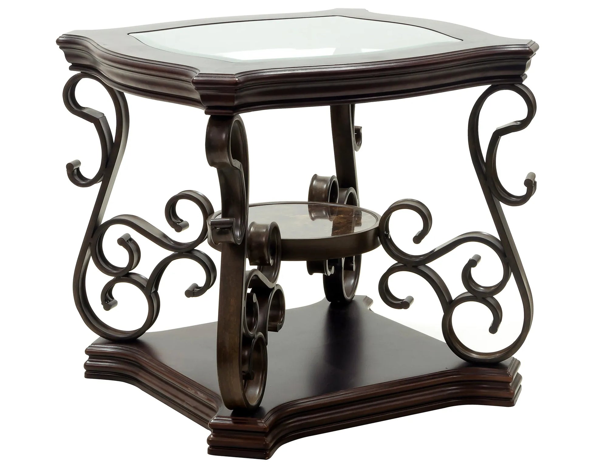 End table, Glass table top, MDF W/marble paper middle shelf, powder coat finish metal legs. (26.3'Lx26.3'Wx24'H) – view 15