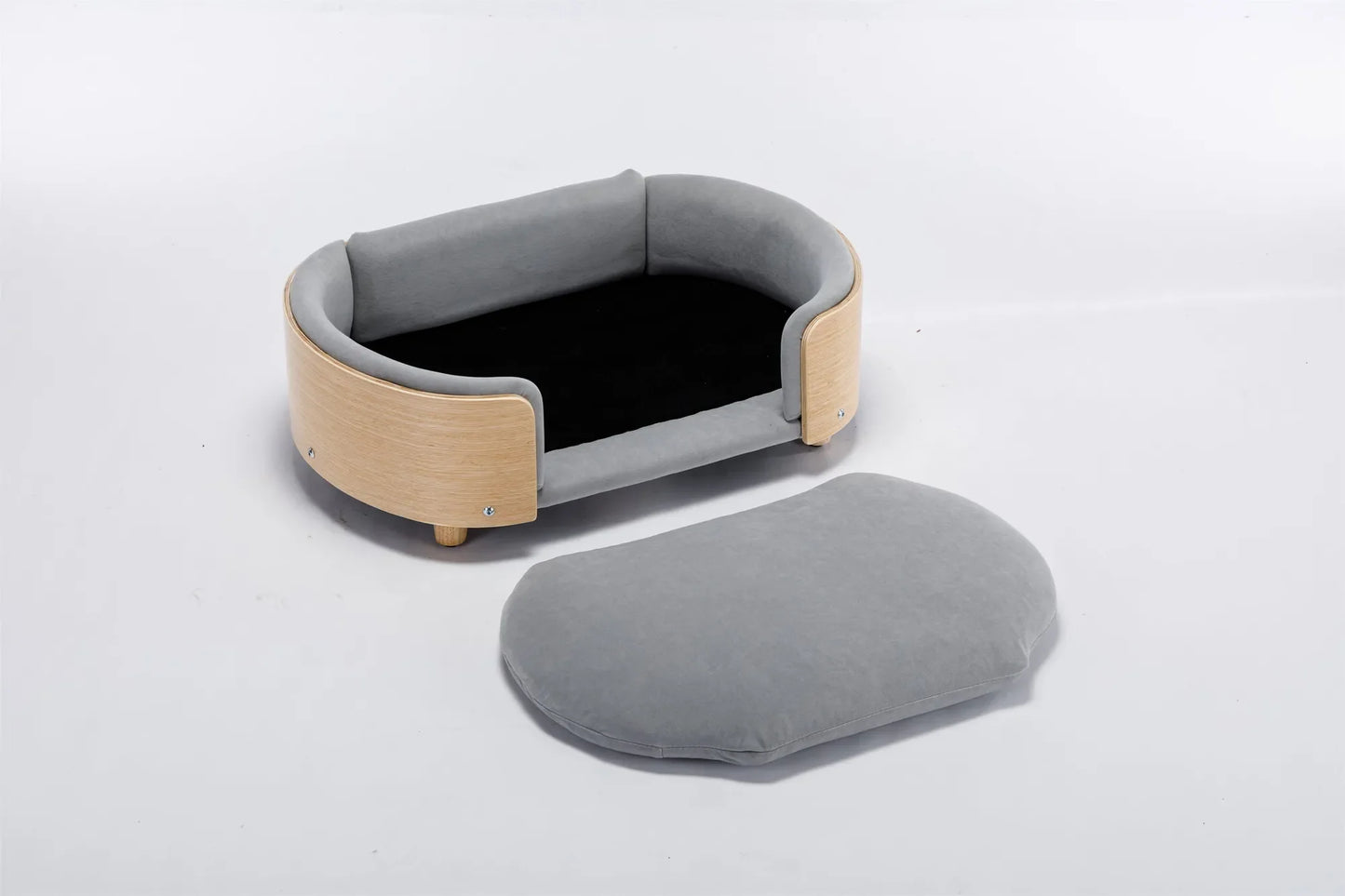 Scandinavian style Elevated Dog Bed Pet Sofa With Solid Wood legs and Bent Wood Back, Velvet Cushion,Mid Size Light Grey – view 15