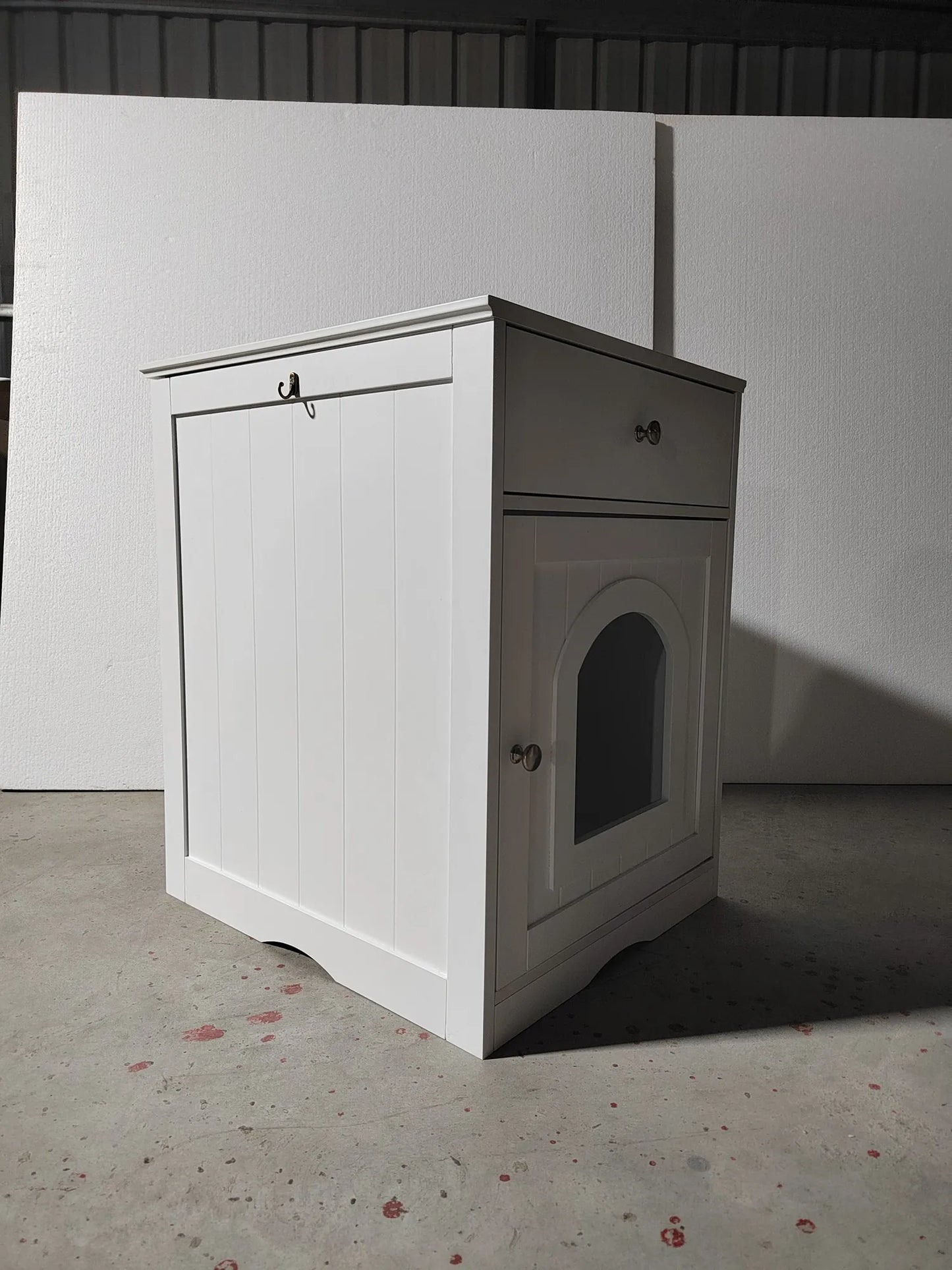 White Wooden Pet House Cat Litter Box Enclosure with Drawer and Side Table, Indoor Cat Home Nightstand for Small Cats, MDF Construction, 18.9'' W x – view 15
