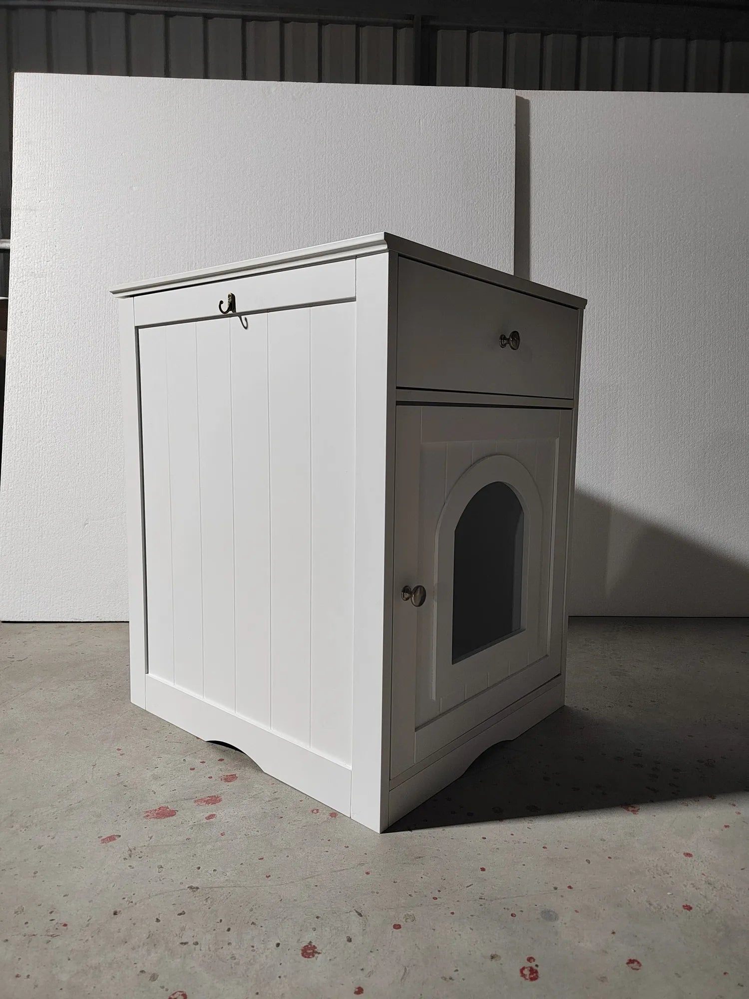 White Wooden Pet House Cat Litter Box Enclosure with Drawer and Side Table, Indoor Cat Home Nightstand for Small Cats, MDF Construction, 18.9'' W x – view 15