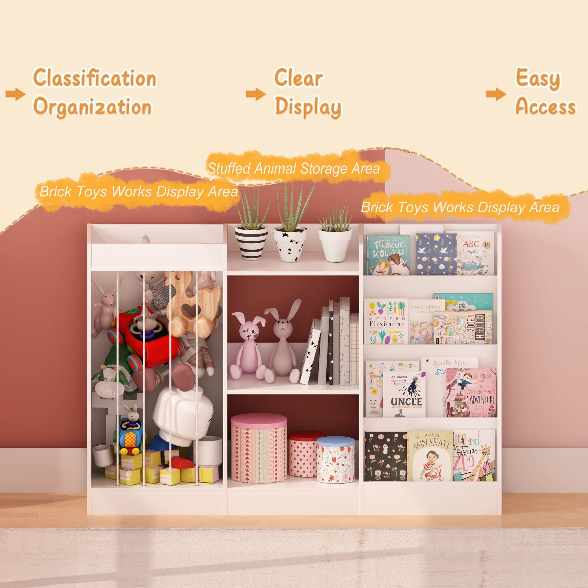 3-in-1 Kids Bookshelf and Toy Storage, 4-Tier Book Shelf for Kids Rooms, Sling Baby Bookcase with Stuffed Animal Storage, Toddler Montessori – view 15