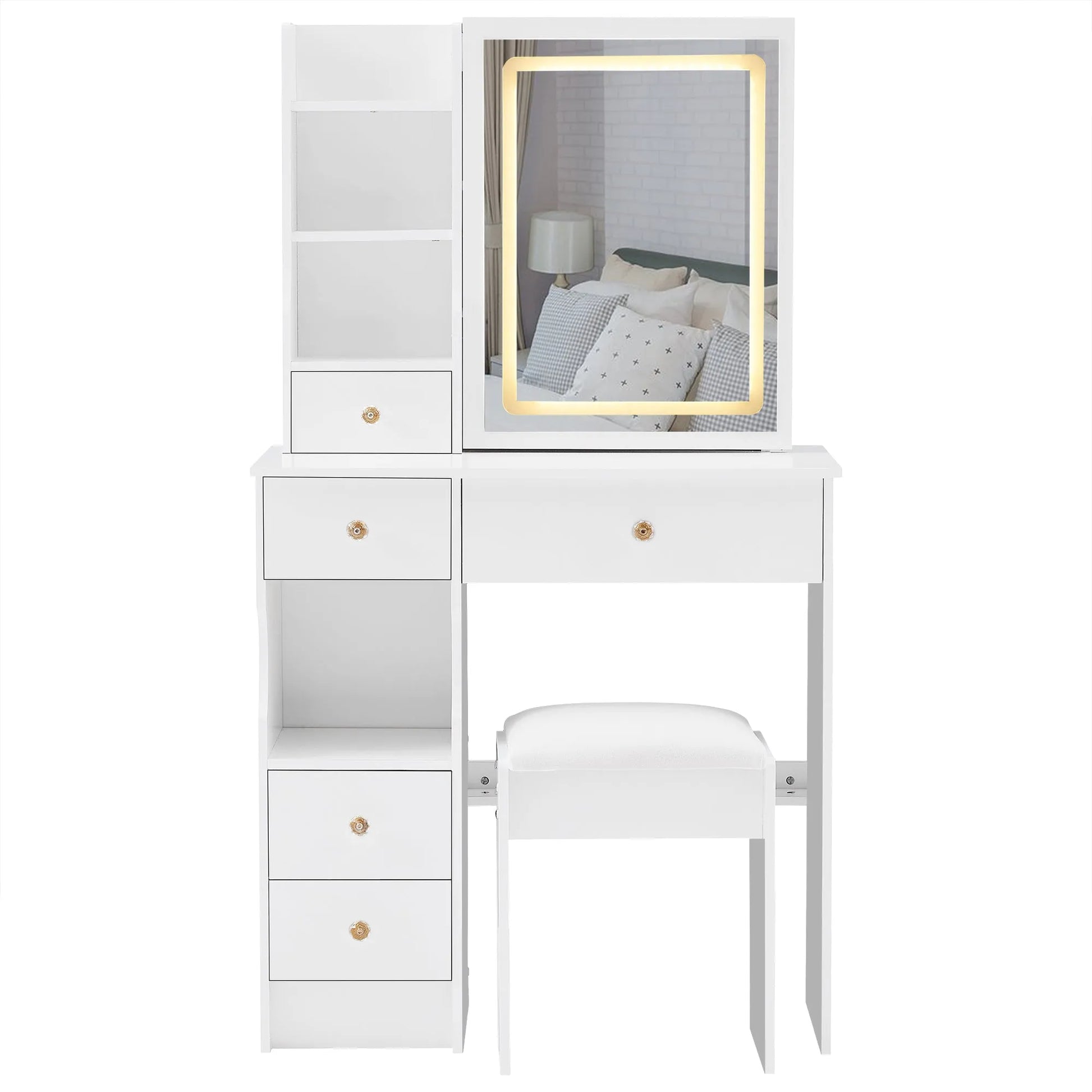 29.2' Small Size Left Drawer Desktop Vanity Table + Cushioned Stool, Large Sliding, Touch Control, Tri-color Switching, Brightness Adjust LED Mirror – view 15