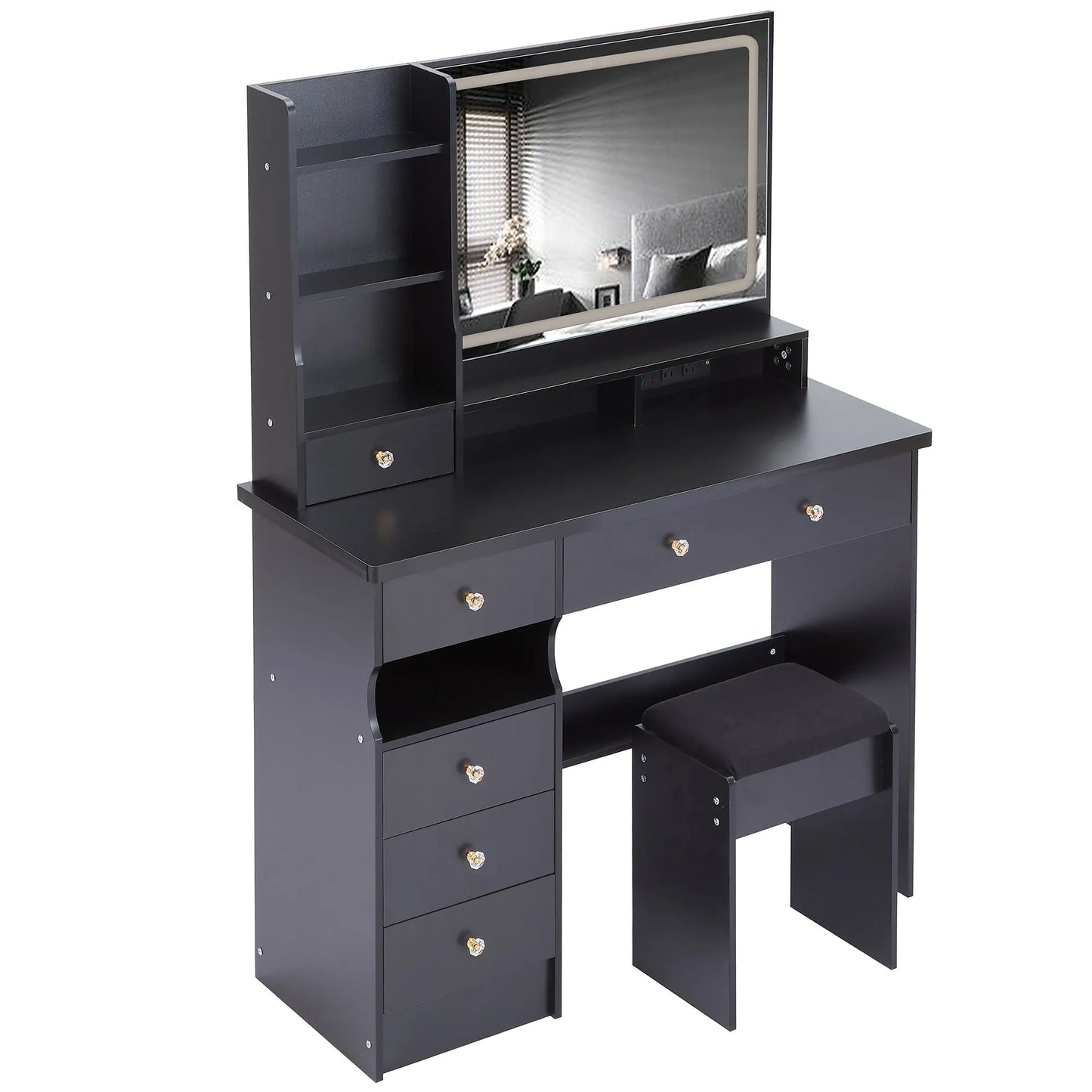 41' Large Size Left Drawer Desktop Vanity Table+Cushioned Stool Dresser Set, 2 AC+2 USB Power Station, Hair Dryer Stand, Extra Large Touch Control – view 15