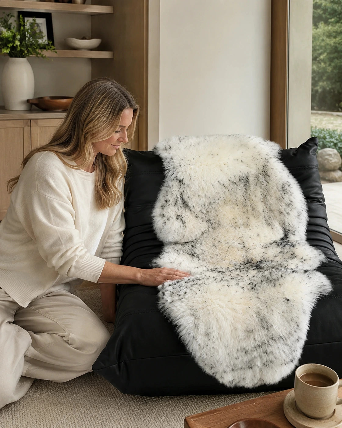 White with Gray Tips genuine Australian sheepskin rug in a neutral living room
