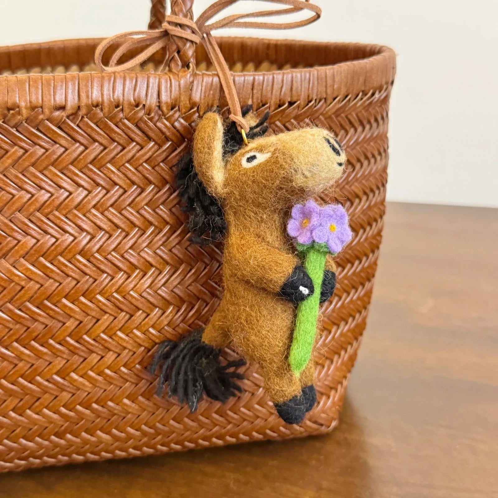 Wool felt horse charm with hydrangea detail