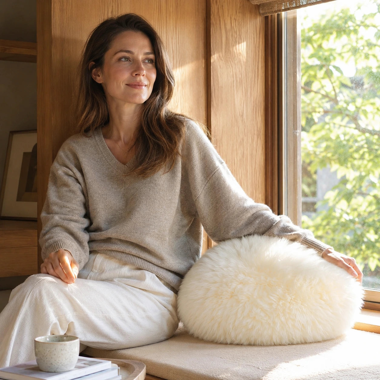 Ivory genuine long-wool sheepskin round pad used on a window seat