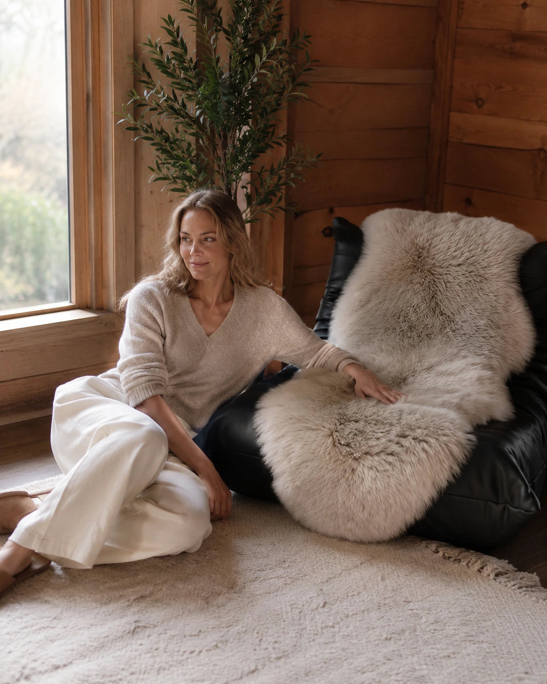 Mushroom Taupe genuine Australian sheepskin rug on a cabin reading chair