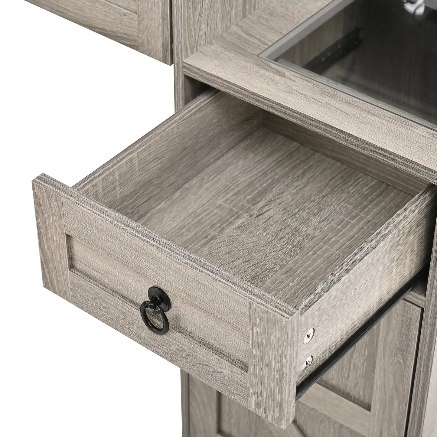 Farmhouse Vanity Desk with Sliding Mirror and Lights, Vanity Set with Glass Top and Charging Station ,Dressing Table with 4 Drawers and 2 Cabinets – view 16