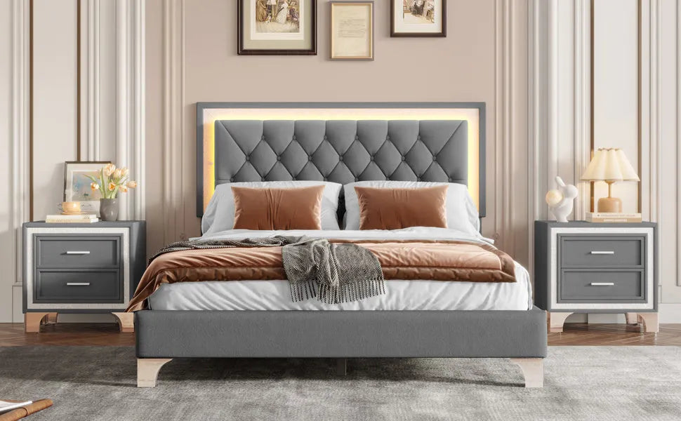 3-Pieces Bedroom Sets,Queen Size Upholstered Platform Bed with LED Lights and Two Nightstands-Gray – view 16