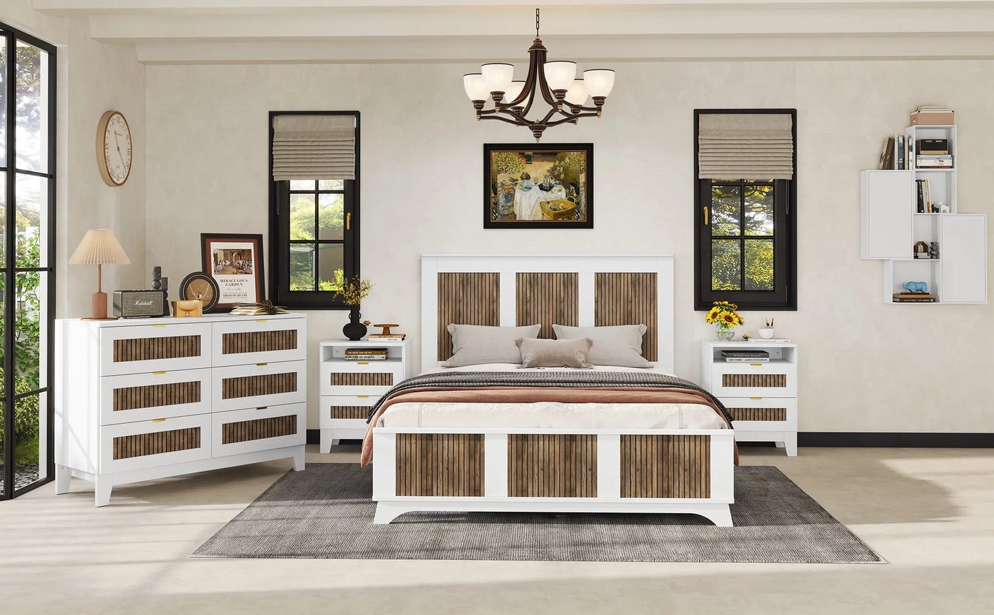 4-Pieces Bedroom Sets, Queen Size Farmhouse Platform Bed with Wooden Strip Stickers Decoration, Storage Nightstand and Dresser with Metal Handle – view 16