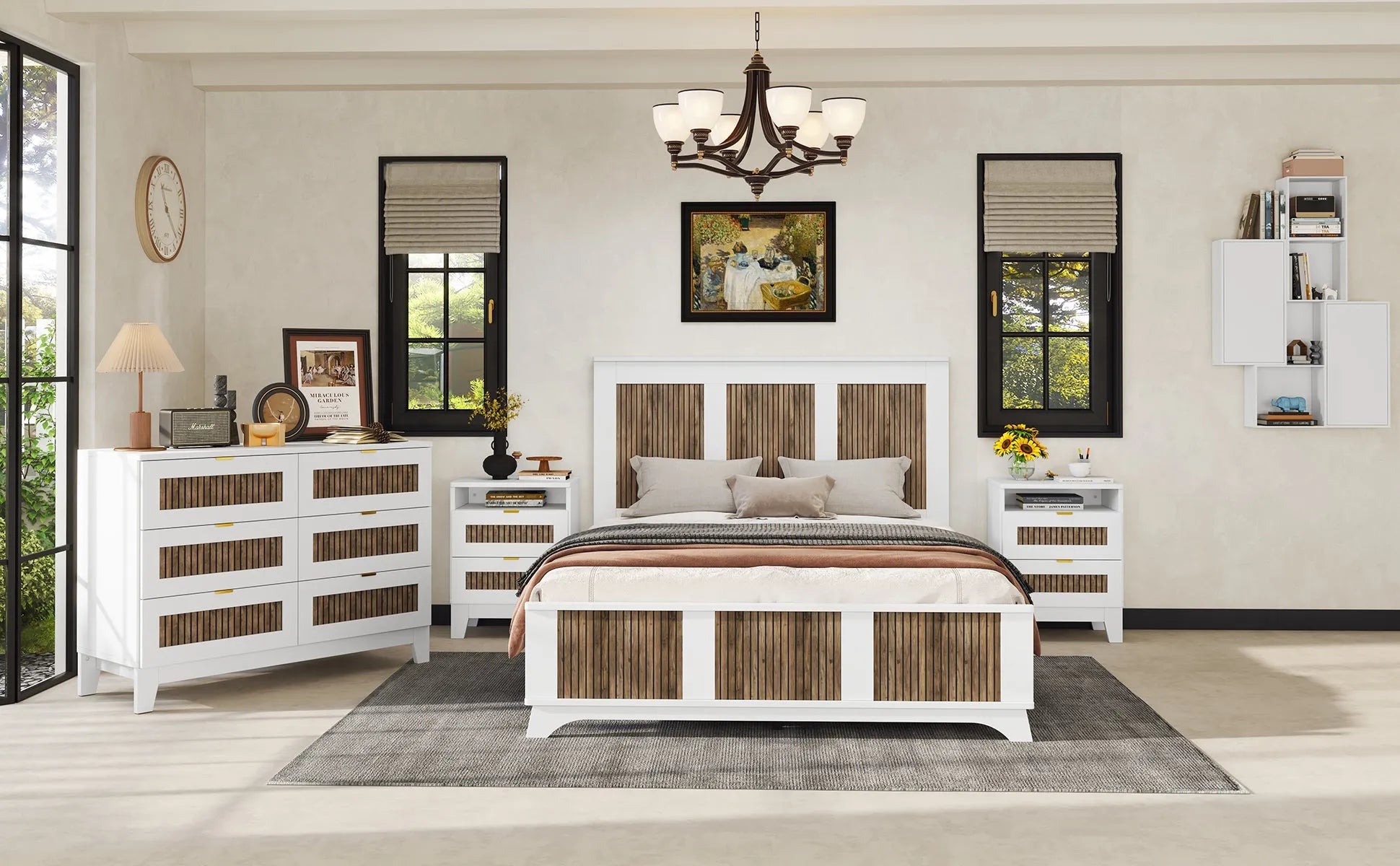4-Pieces Bedroom Sets, Queen Size Farmhouse Platform Bed with Wooden Strip Stickers Decoration, Storage Nightstand and Dresser with Metal Handle – view 16