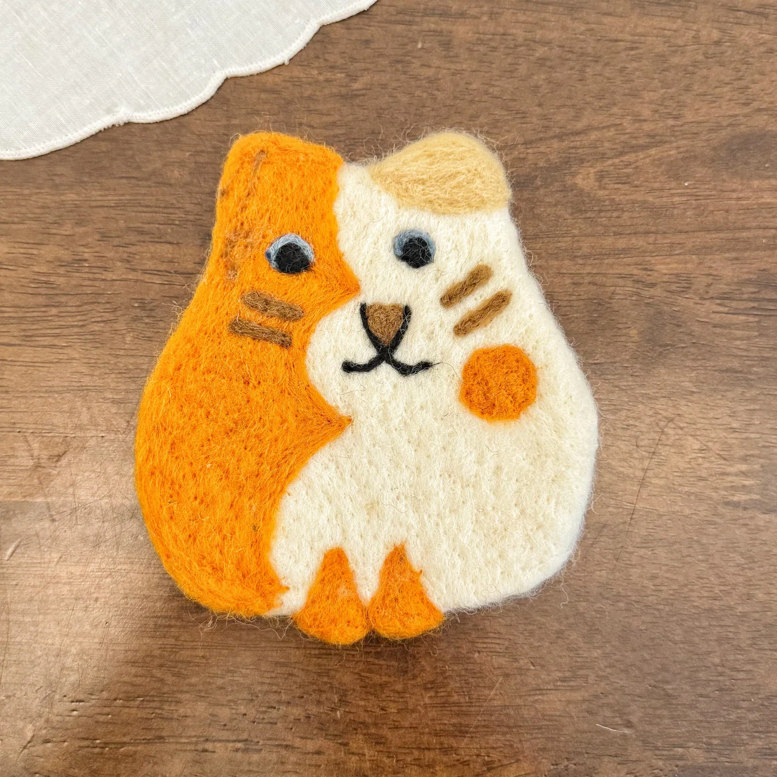 Handmade orange cat 14x12 cm wool felt coaster