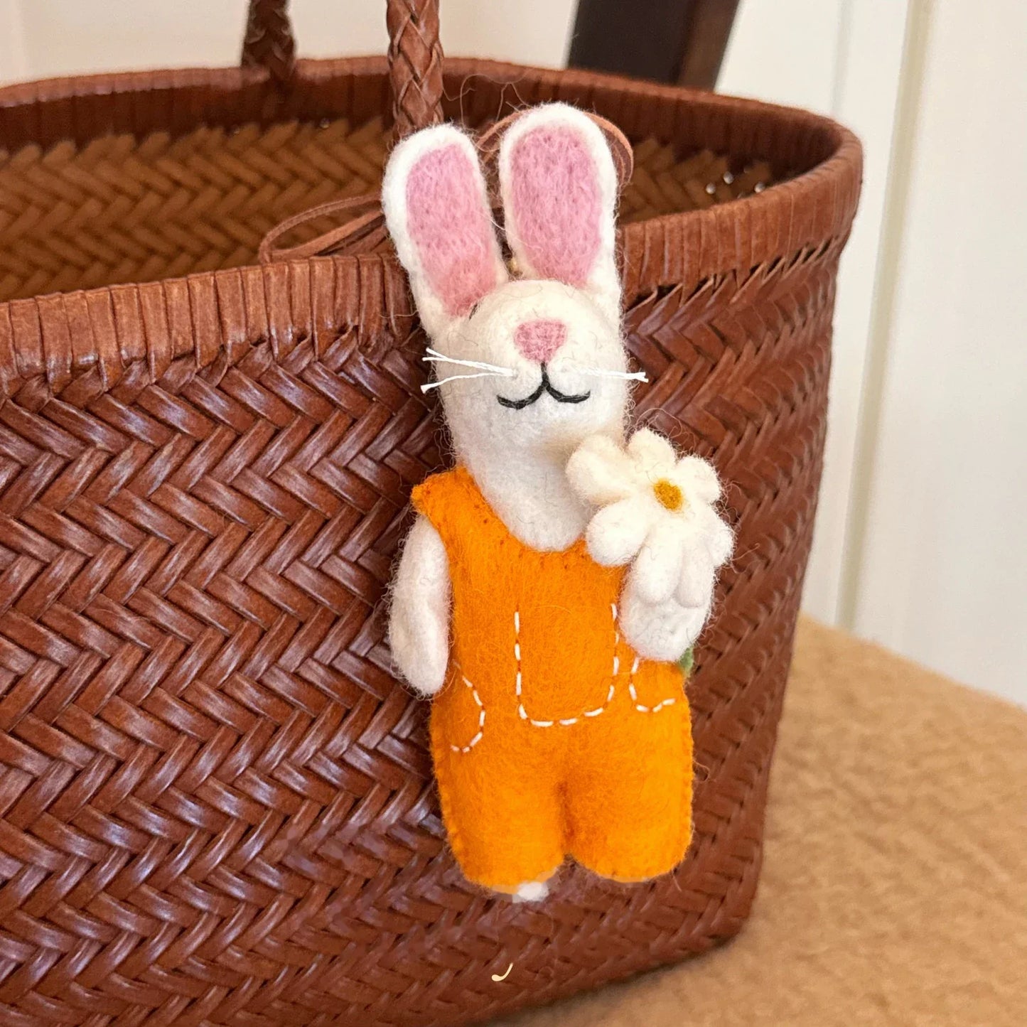Orange overalls rabbit wool felt charm