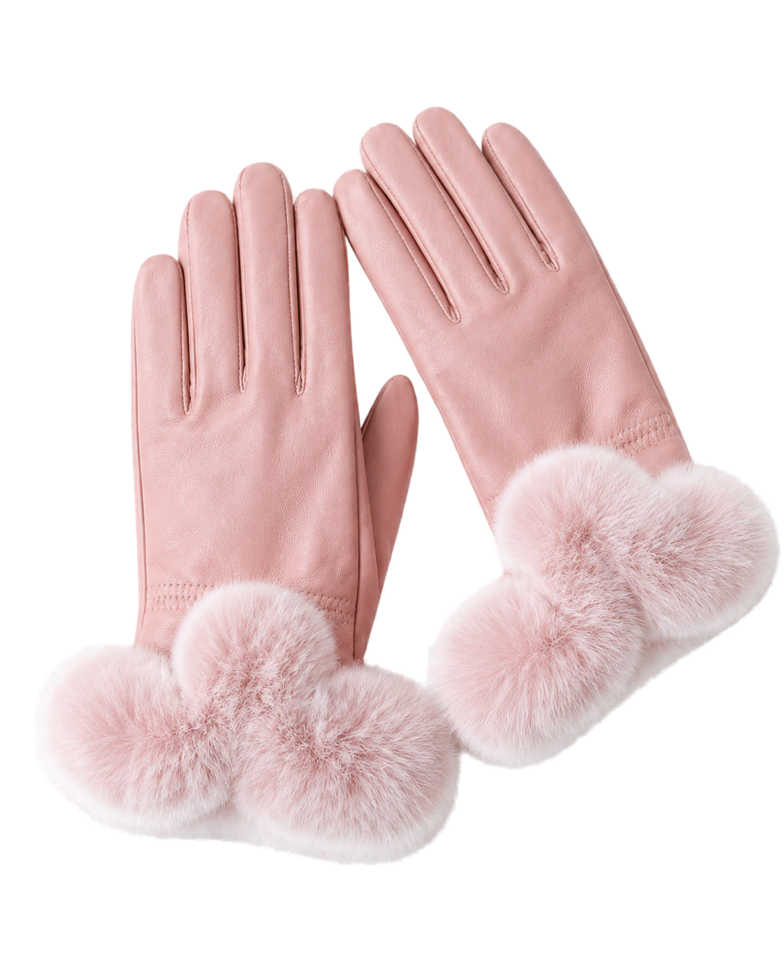 Rose pink women's sheepskin leather gloves with Rex rabbit fur cuffs