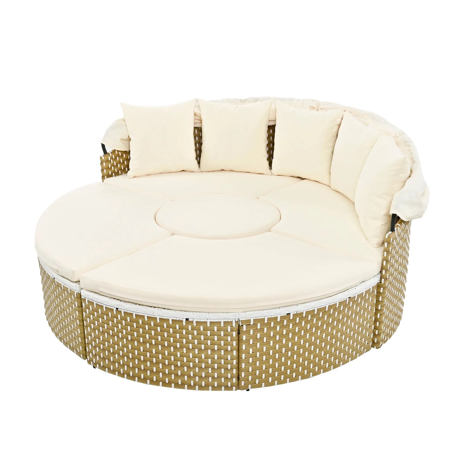 Patio Furniture Round Outdoor Sectional Sofa Set Rattan Daybed Two-Tone Weave Sunbed with Retractable Canopy, Separate Seating and Removable Cushion – view 16
