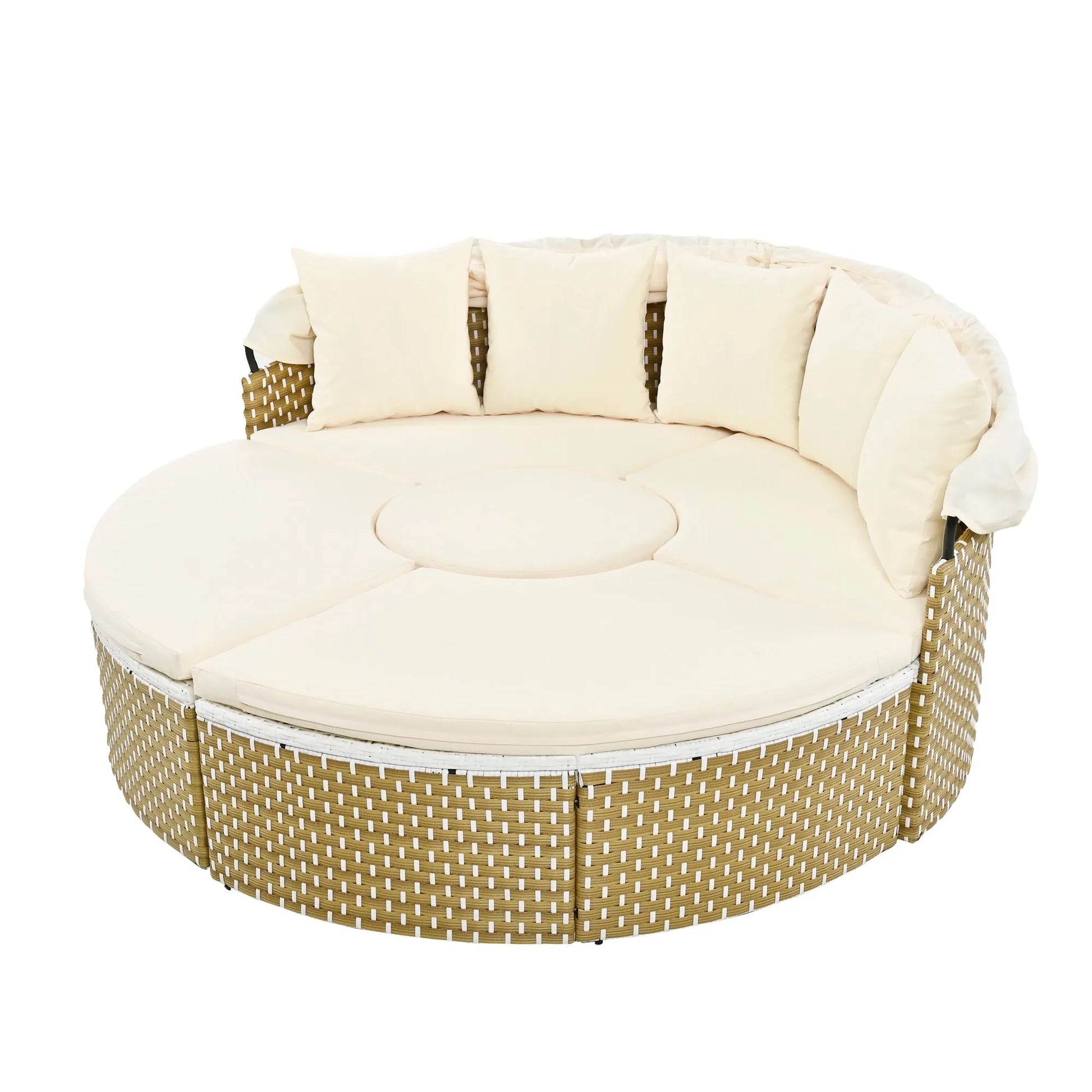 Patio Furniture Round Outdoor Sectional Sofa Set Rattan Daybed Two-Tone Weave Sunbed with Retractable Canopy, Separate Seating and Removable Cushion – view 16