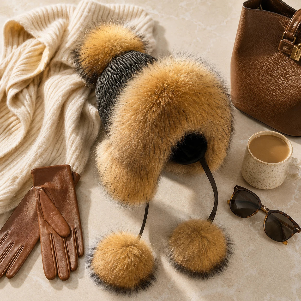 Natural Fox Brown genuine fox fur earflap hat styled with winter travel accessories