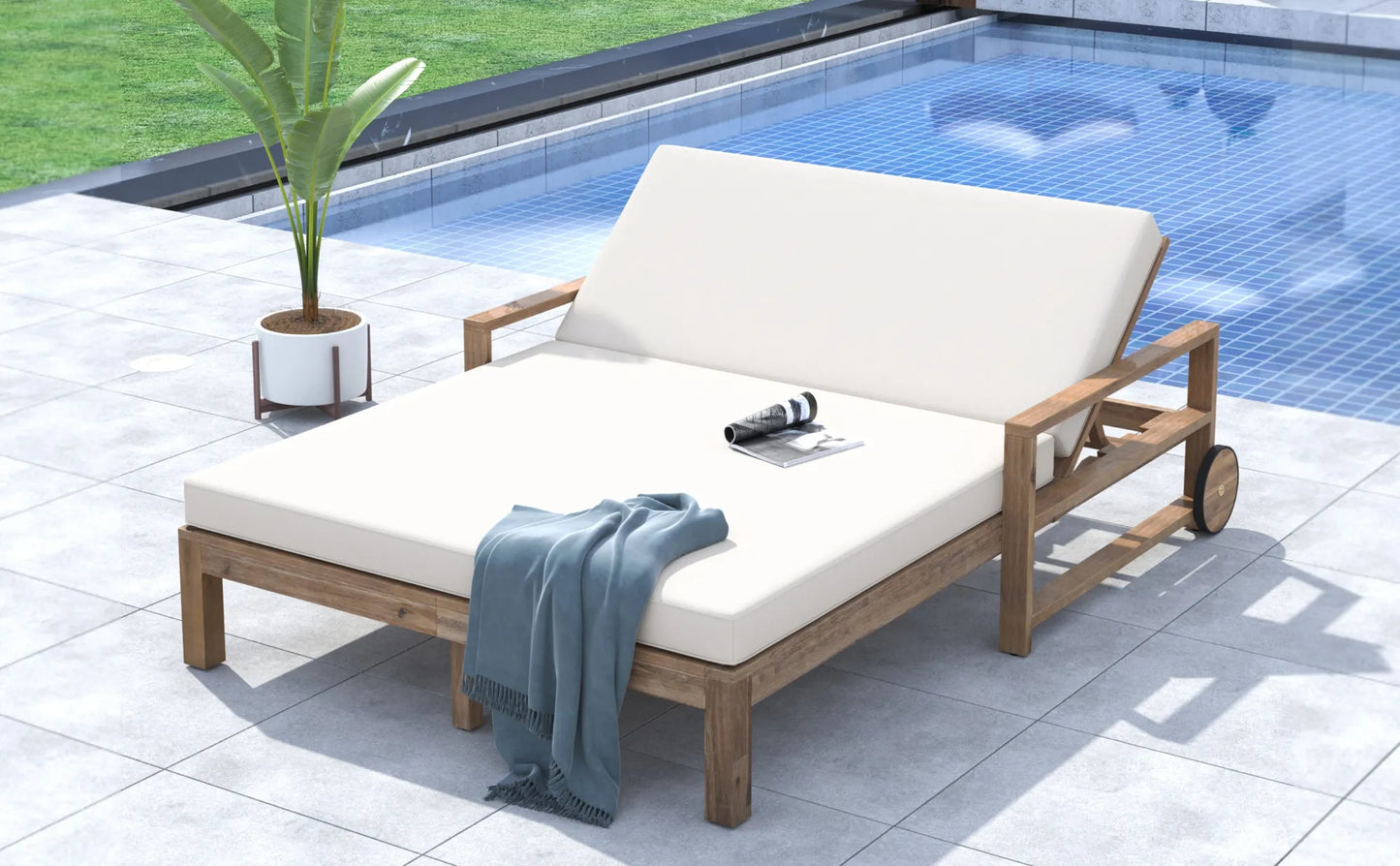 1-Piece Farmhouse-styled Wooden Outdoor Sunbed for Ultimate Relaxation Outdoor Daybed Seating 2 People for Poolside, Garden and Backyard (Beige) – view 16