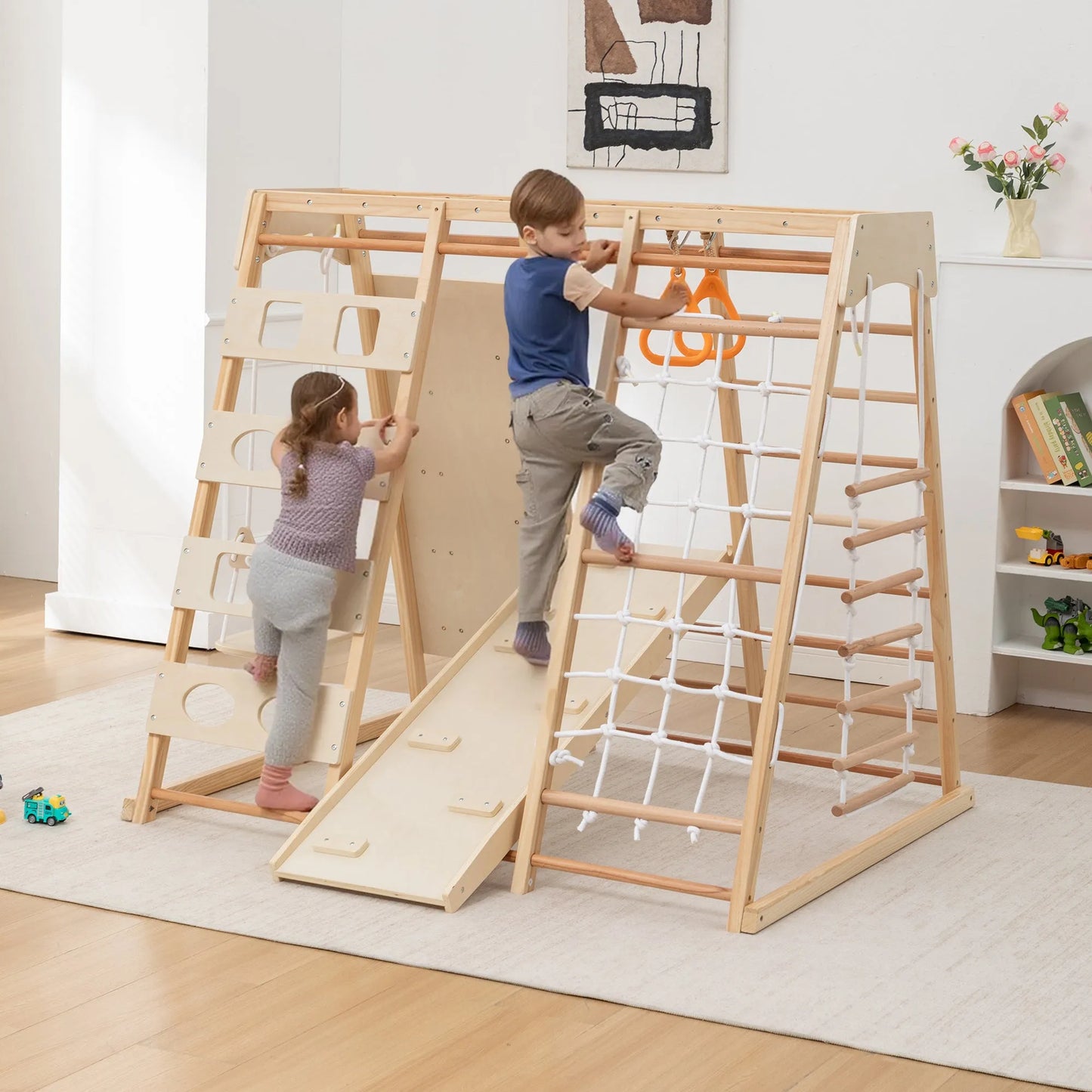 9-in-1 Slide and Climbing Wall for Toddlers 3+, Wooden Indoor Play Structure, Heavy Duty 176 lbs Capacity, Safe Rounded Edge Natural Wood, Balance & – view 16