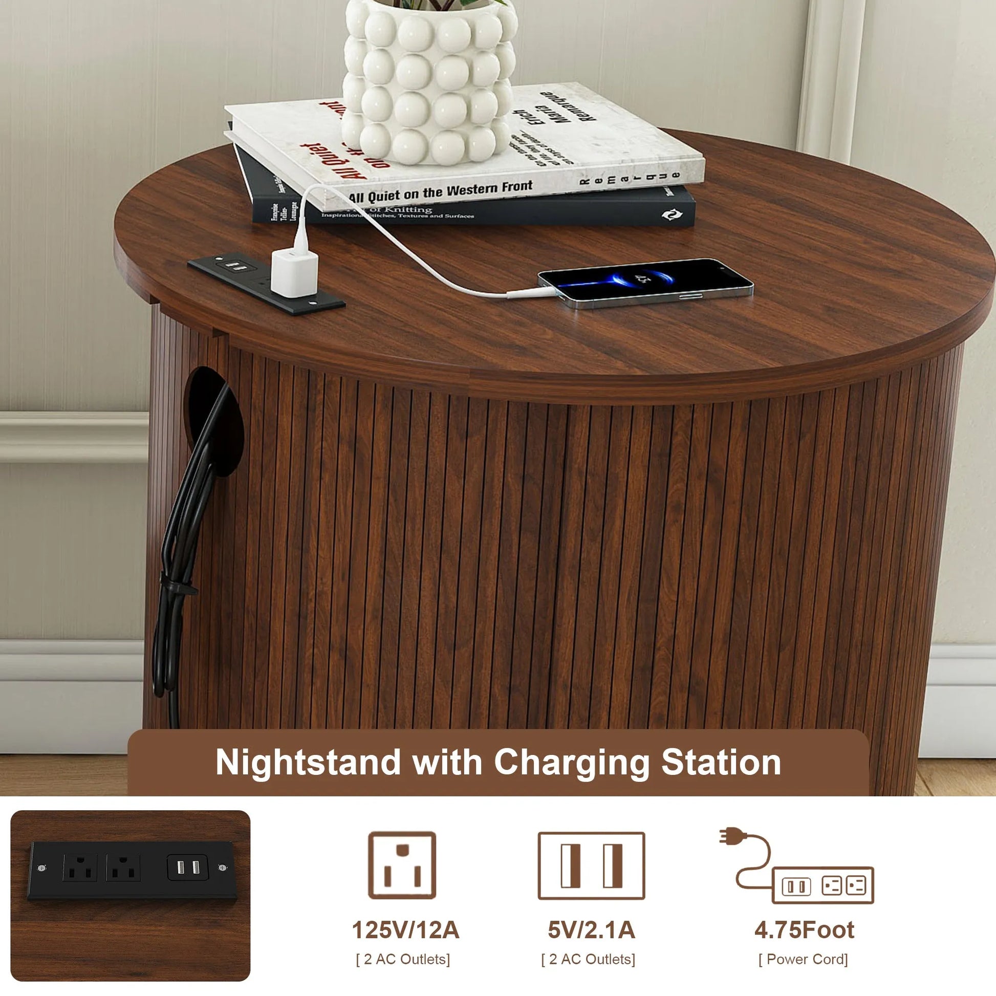 Mid Century Modern Cylinder End Table with Built-in Charging Station & Sliding Door, 2-Tier Storage Round Nightstand with USB Ports, Walnut Bedside – view 16