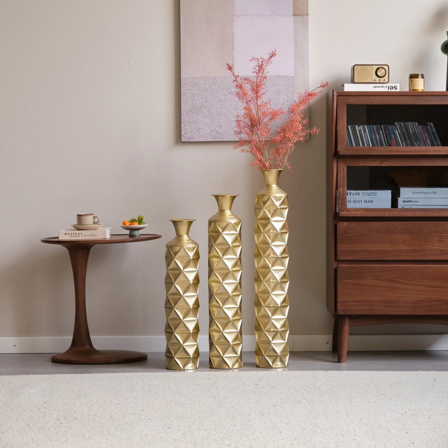 Metal Decorative Vase High Distress Metal Center Vase With 3D Triangle Pattern, Set Of 3 Vases for Home Decoration 33.5', 29.5', 25.2'High, Gold – view 16