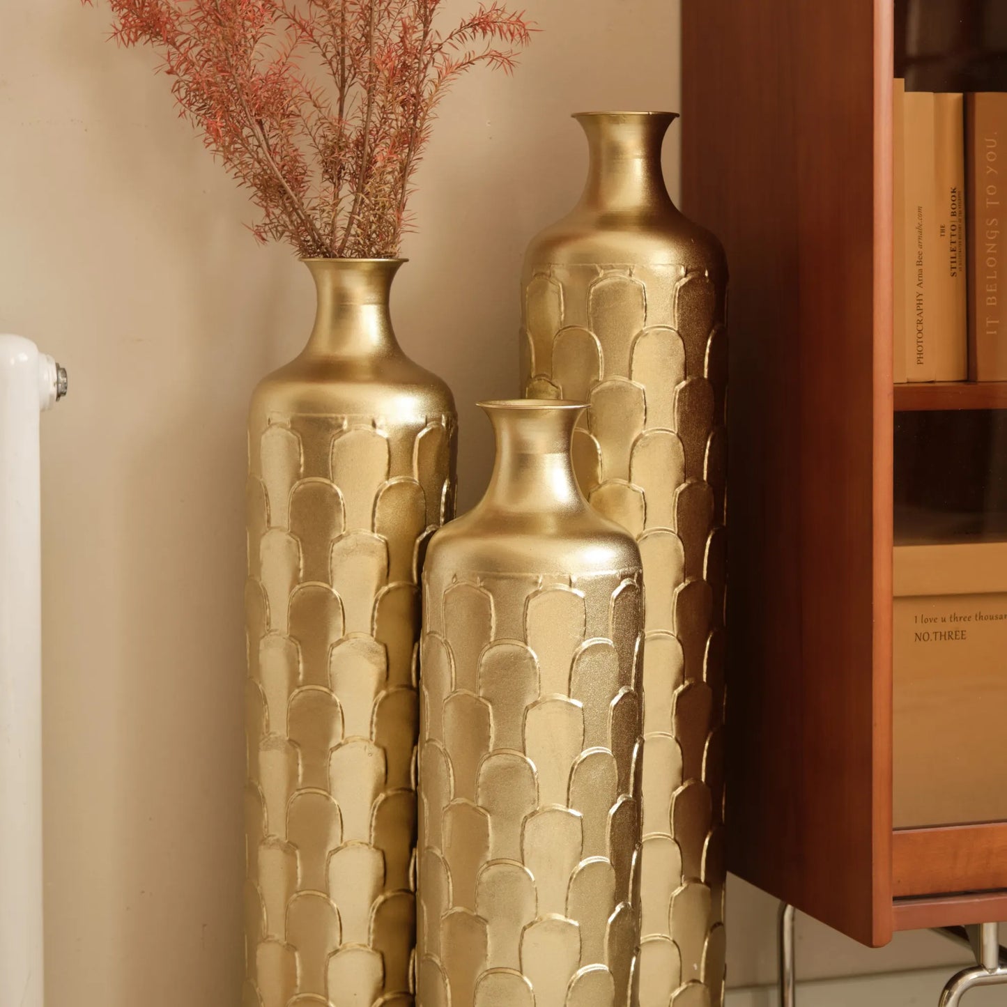 Floor Metal Vases Decorated White Metal Vases Set of 3 Gorgeous Home Decoration Large Glazed Metal Vases 25.2in/29.33in/34.25in Height – view 16