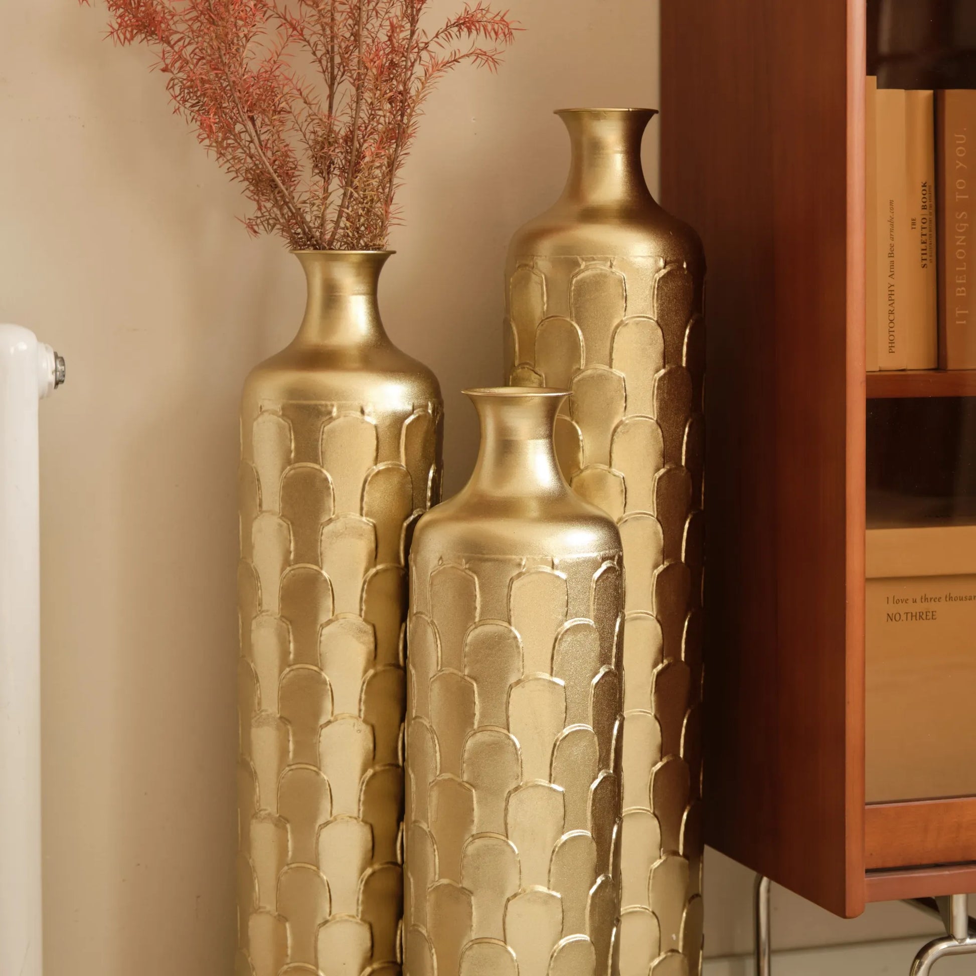 Floor Metal Vases Decorated White Metal Vases Set of 3 Gorgeous Home Decoration Large Glazed Metal Vases 25.2in/29.33in/34.25in Height – view 16