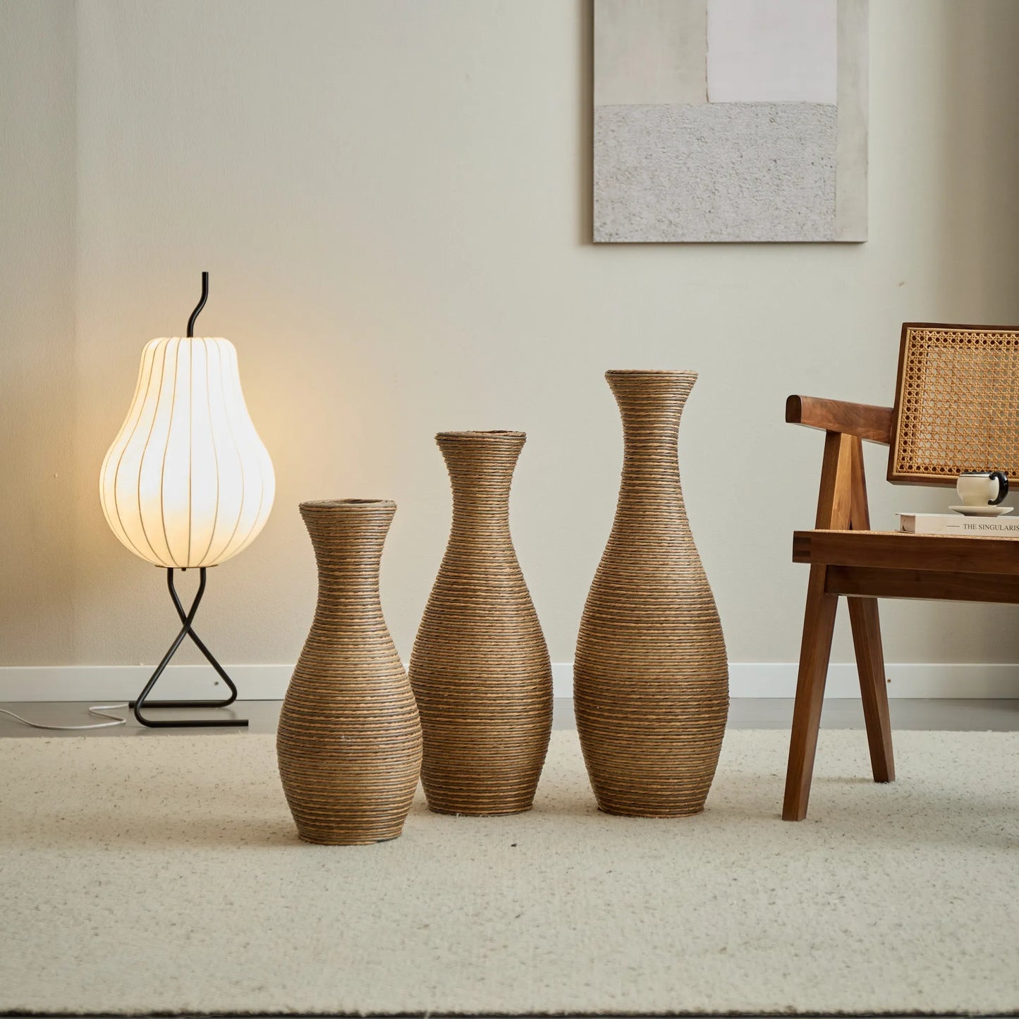3-Piece Artificial Rattan Floor Vase Set – Decorative Accent for Living Room, Hallway & Entryway, Ideal for Dried or Silk Flower Arrangements, Beige – view 16
