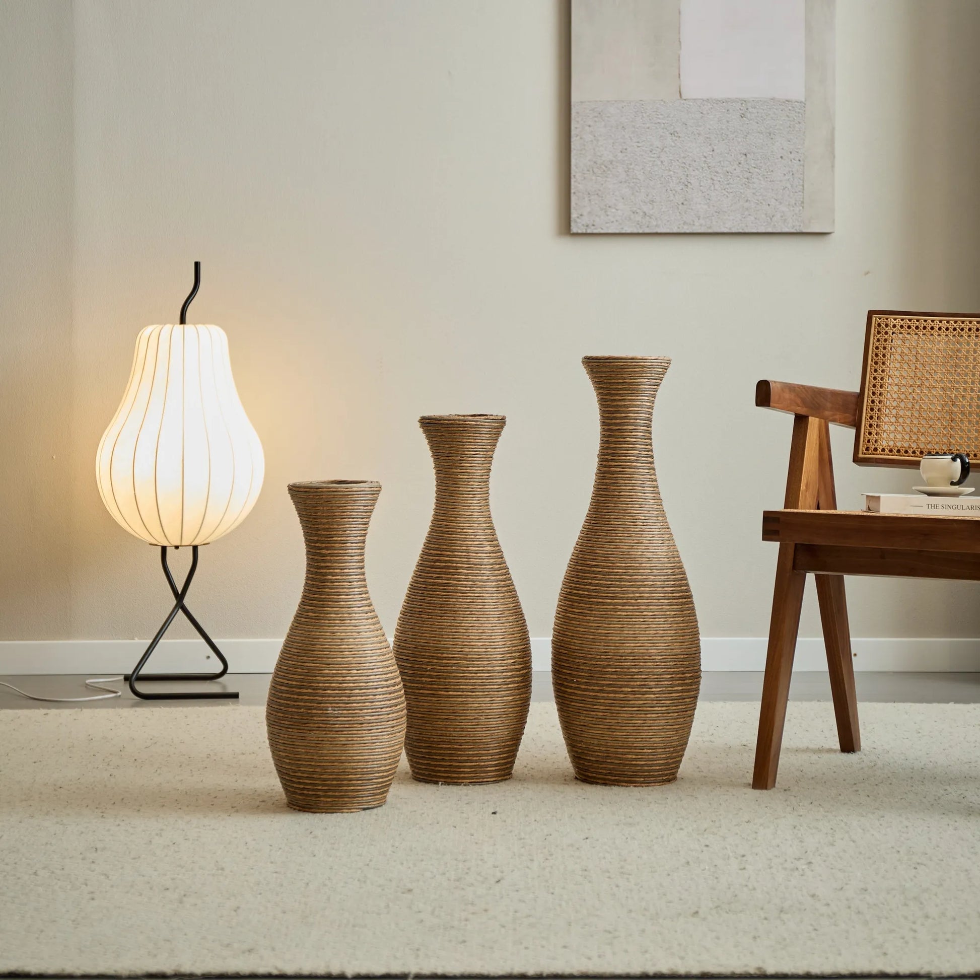 3-Piece Artificial Rattan Floor Vase Set – Decorative Accent for Living Room, Hallway & Entryway, Ideal for Dried or Silk Flower Arrangements, Beige – view 16