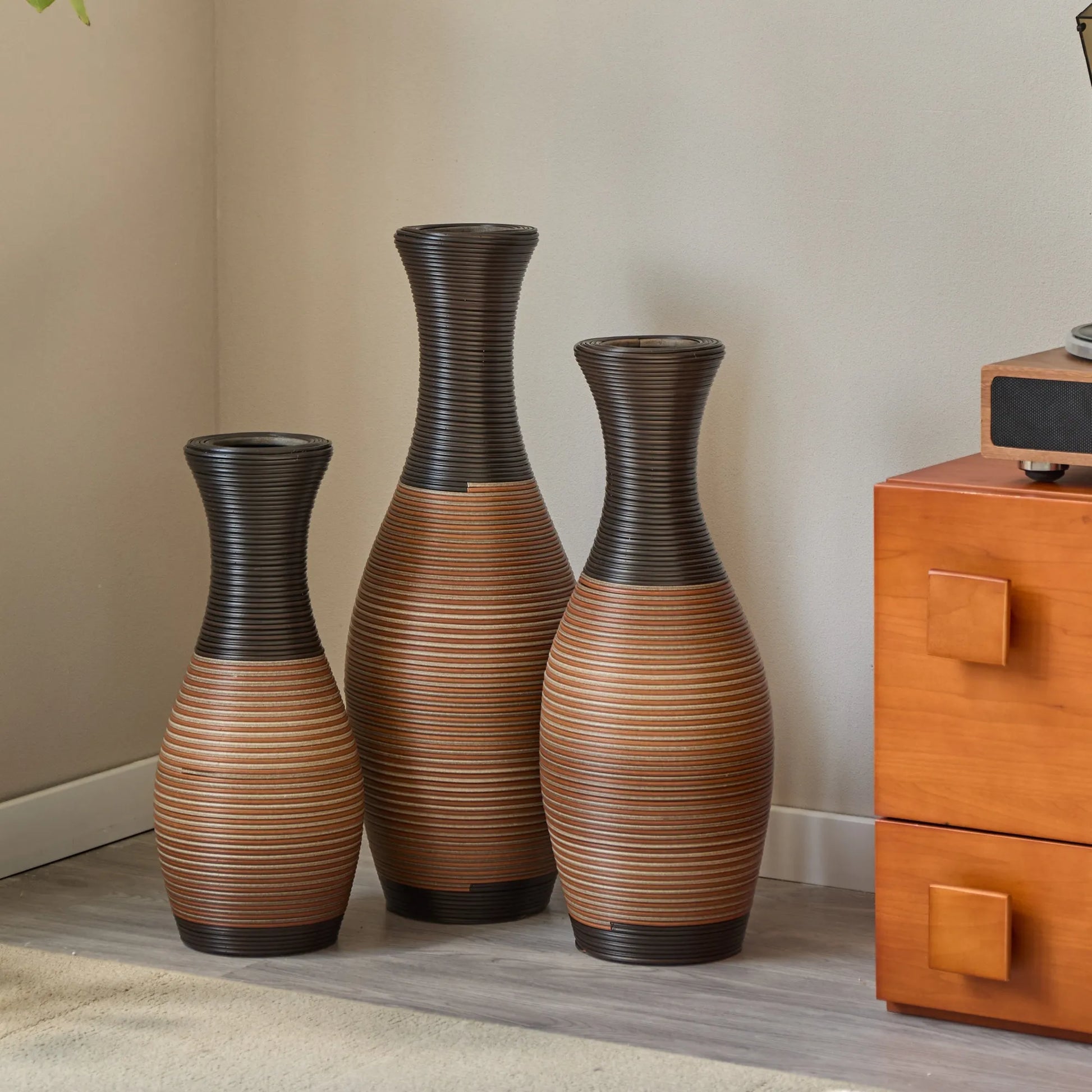 Set Of 3 Designer Floor Vases, Large Vases for Home Décor Flooring, Artificial Rattan Floor Vases, Brown Floor Vases for Living Rooms or Corridors – view 16