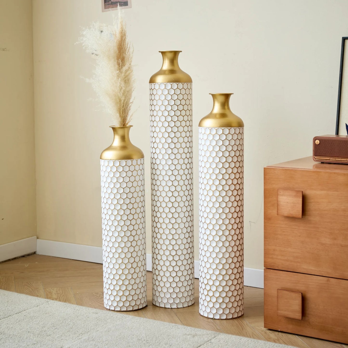 3-piece set gorgeous home decoration large glazed metal vase --Floor metal vase modern style decoration home droplet shaped white metal – view 16