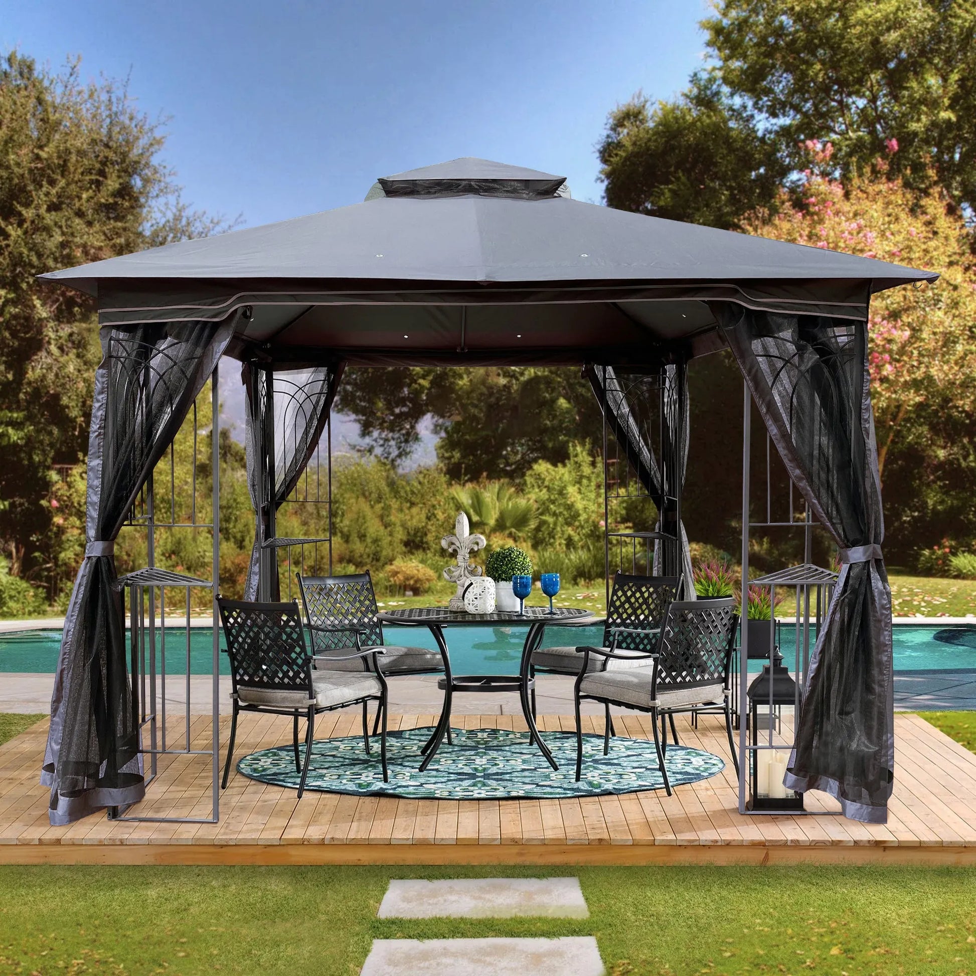 10 x 10 ft Patio Gazebo Tent with Ventilated Double Roof and Mosquito Net, Gray Canopy for Backyard or Garden – view 16