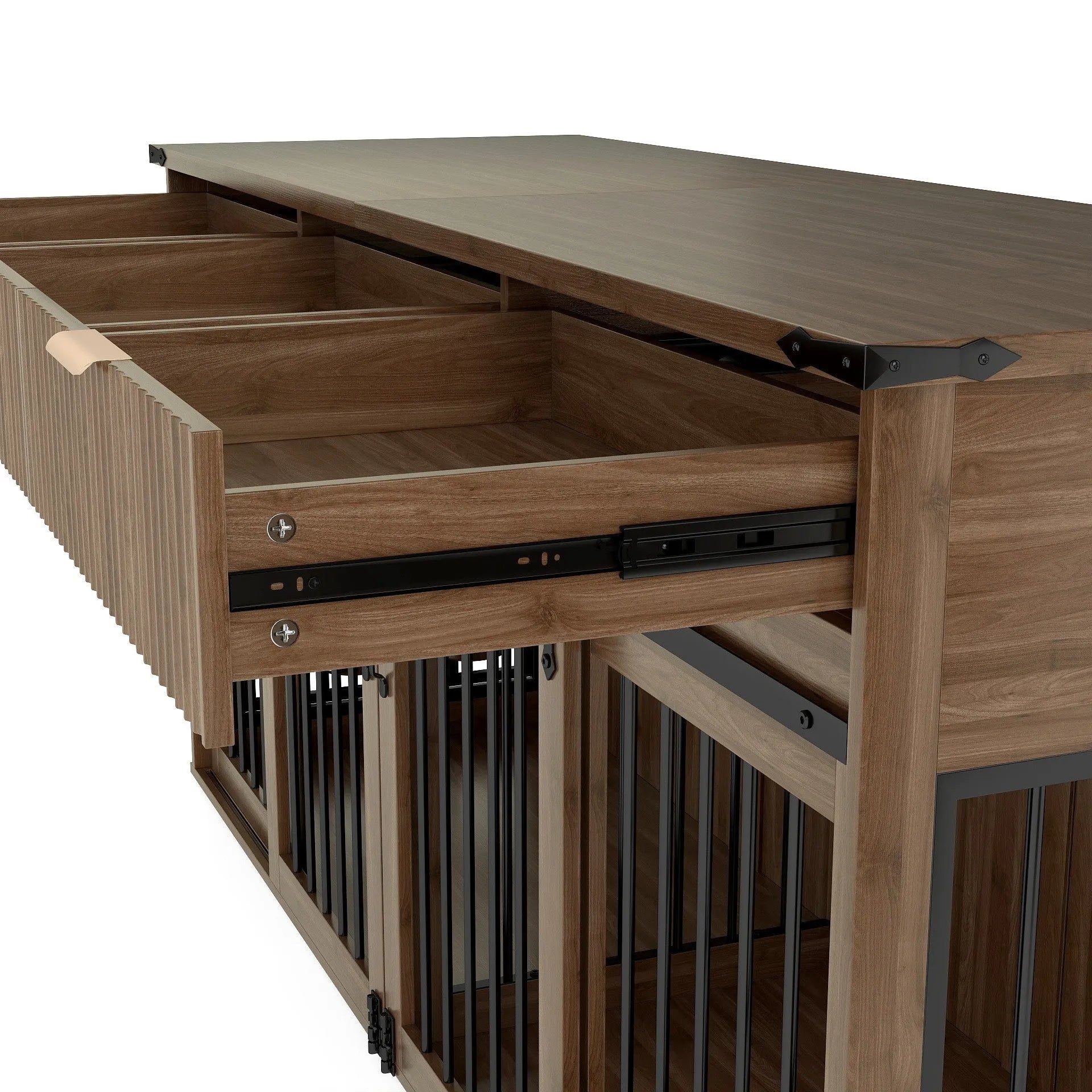 71'' Furniture Style Double Dog Crate with 3 Fluted Drawers and Waterproof Walnut Woodgrain Tabletop,Large Dog Kennel Furniture with Type-C Power – view 16