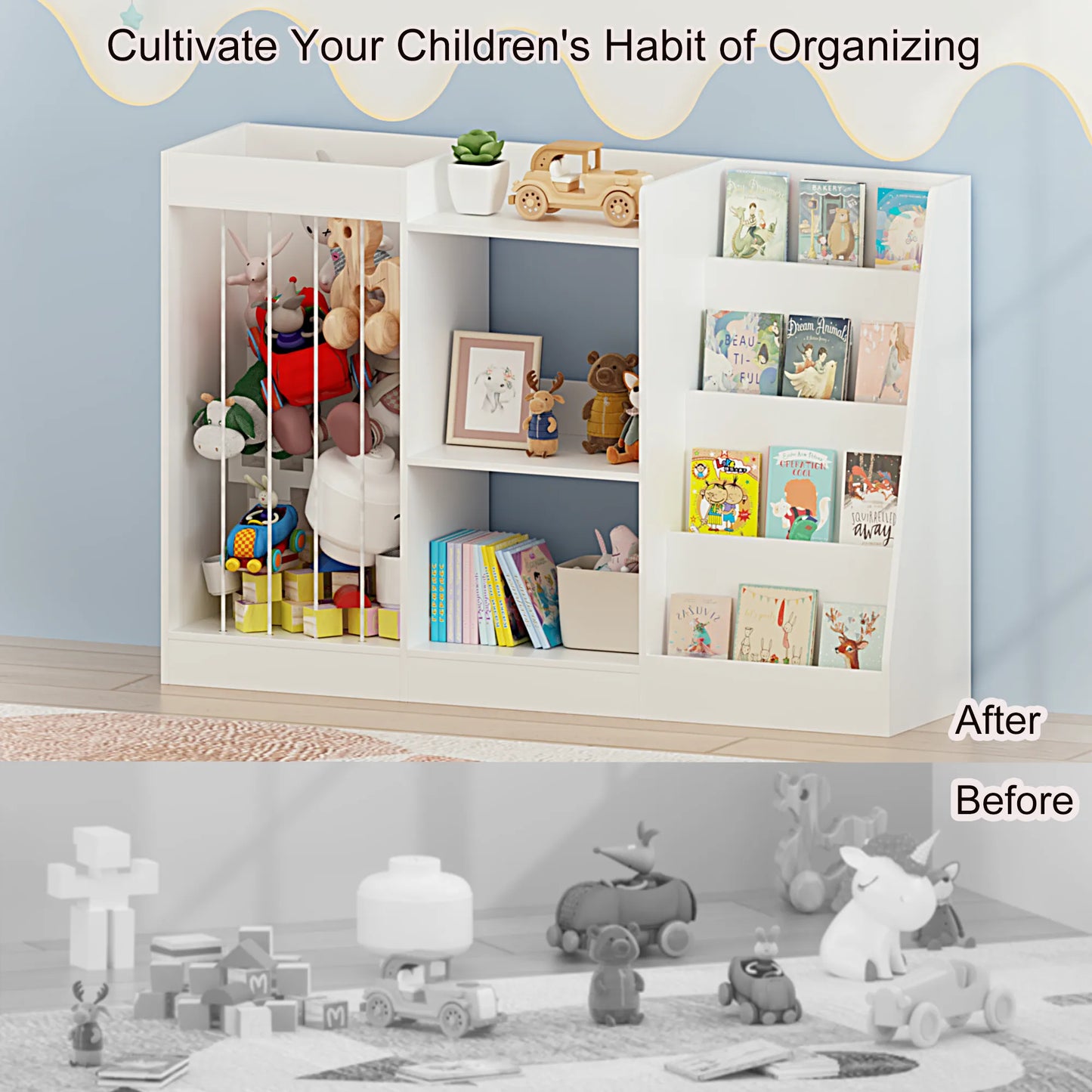 3-in-1 Kids Bookshelf and Toy Storage, 4-Tier Book Shelf for Kids Rooms, Sling Baby Bookcase with Stuffed Animal Storage, Toddler Montessori – view 16