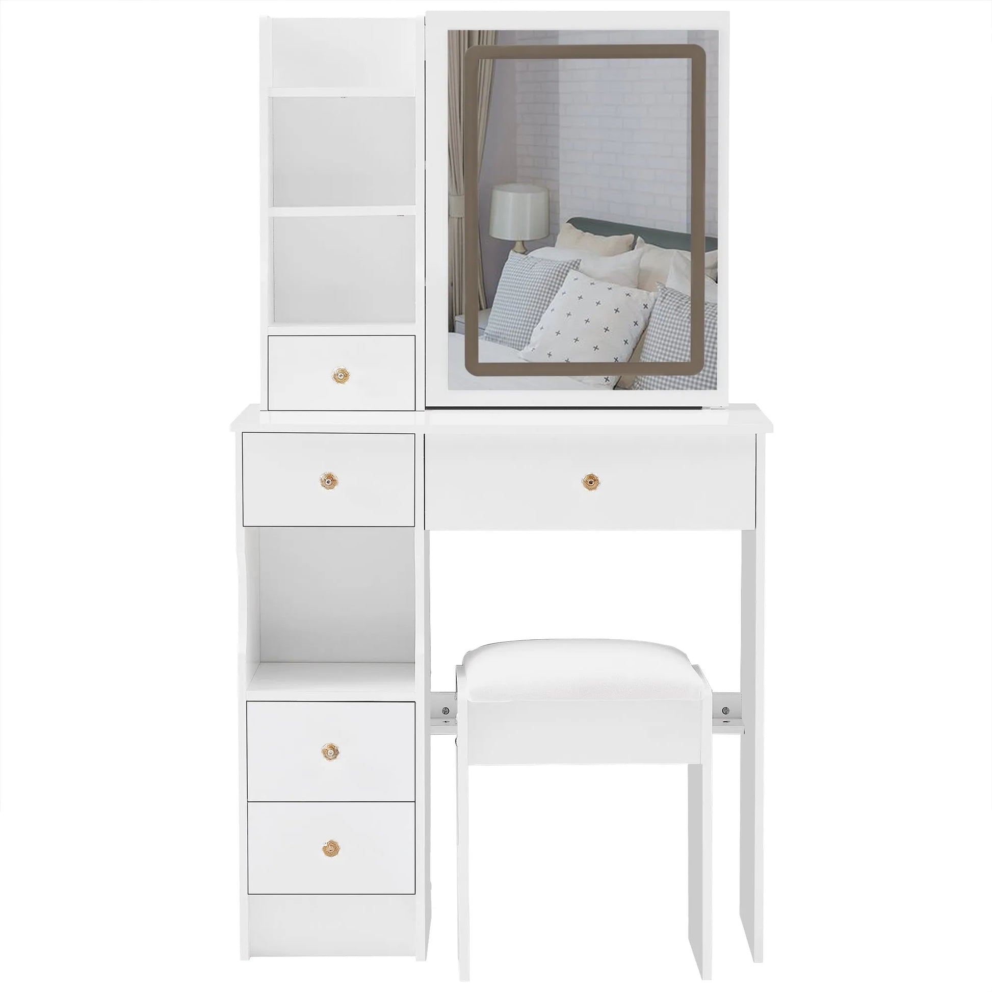 29.2' Small Size Left Drawer Desktop Vanity Table + Cushioned Stool, Large Sliding, Touch Control, Tri-color Switching, Brightness Adjust LED Mirror – view 16