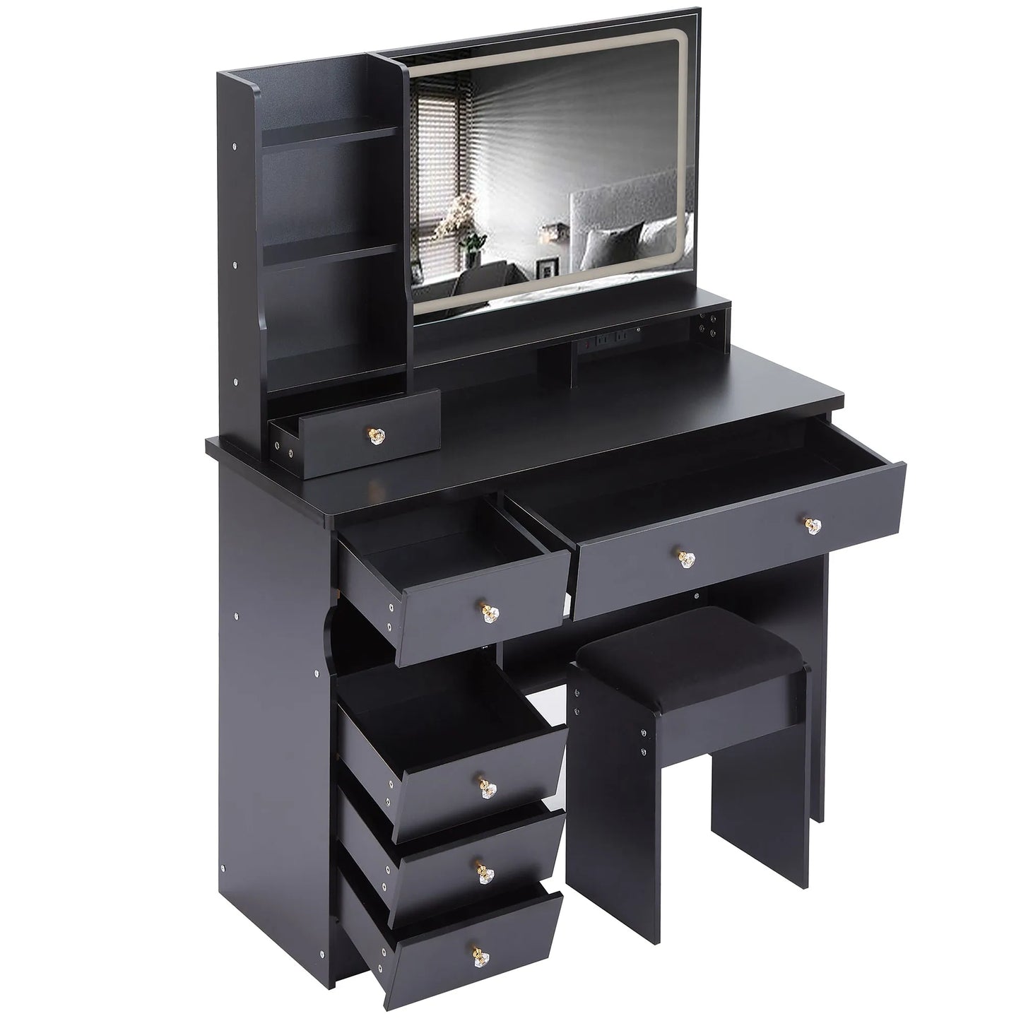 41' Large Size Left Drawer Desktop Vanity Table+Cushioned Stool Dresser Set, 2 AC+2 USB Power Station, Hair Dryer Stand, Extra Large Touch Control – view 16