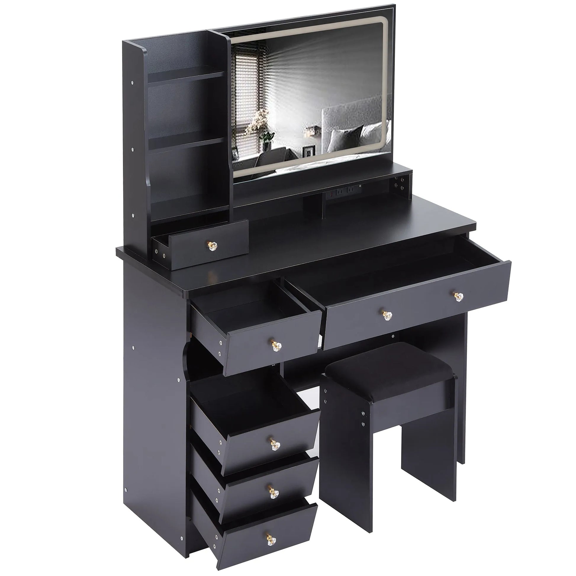 41' Large Size Left Drawer Desktop Vanity Table+Cushioned Stool Dresser Set, 2 AC+2 USB Power Station, Hair Dryer Stand, Extra Large Touch Control – view 16
