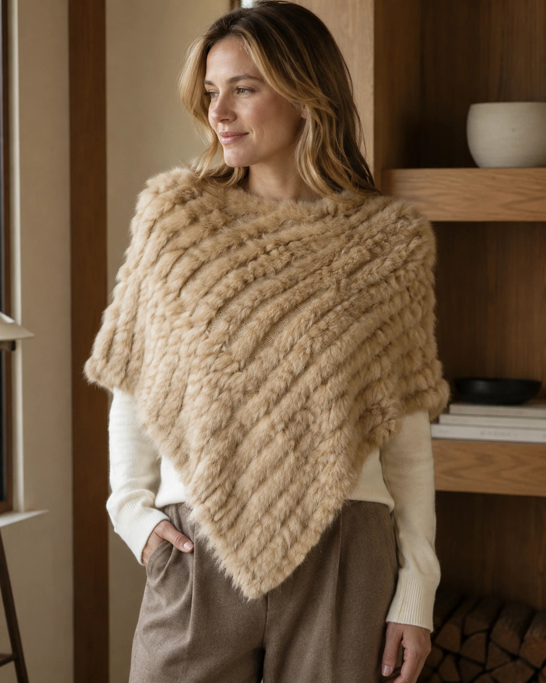 Beige rabbit fur knit poncho worn in a naturally lit home
