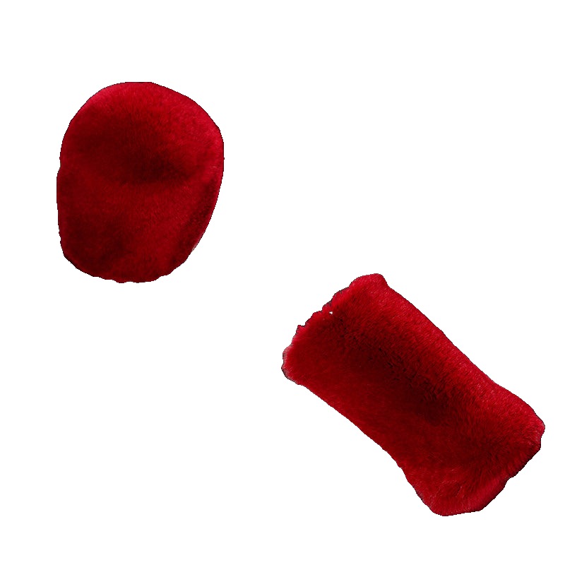 Bright Red genuine Rex rabbit fur gear shift and handbrake cover set on transparent background