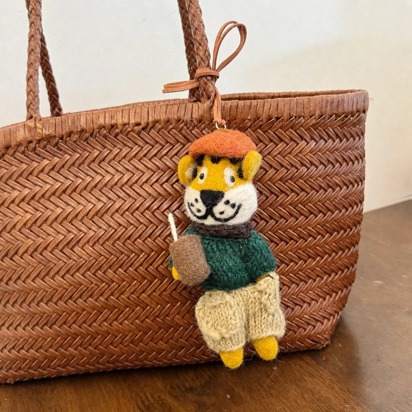 coffee tiger handmade wool felt bag charm