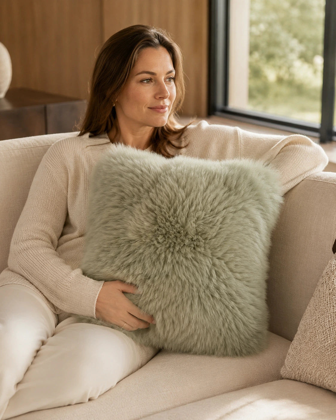 Sage Green Australian wool pillow in a family room setting
