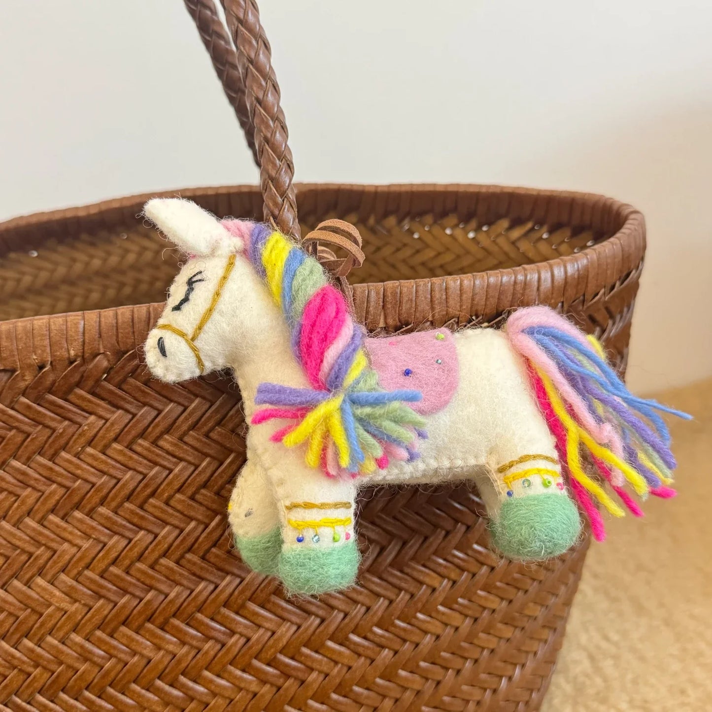 Multicolor wool felt horse bag charm